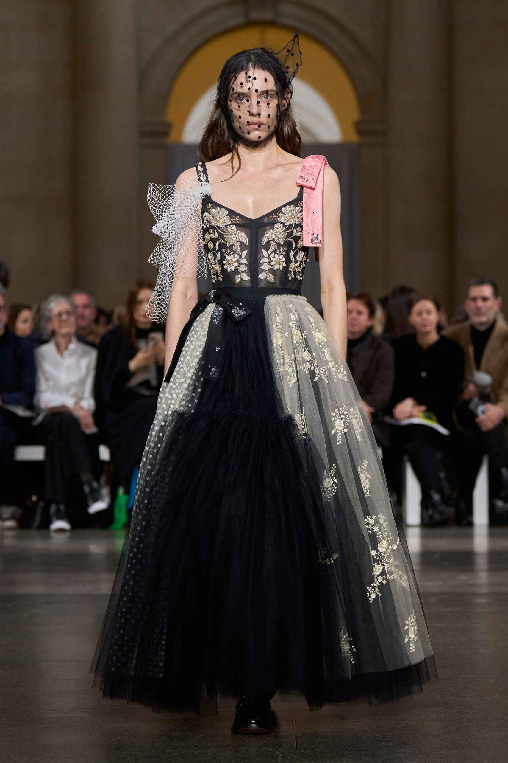 black tulle sleeveless v-neck fitted floral layered gown
