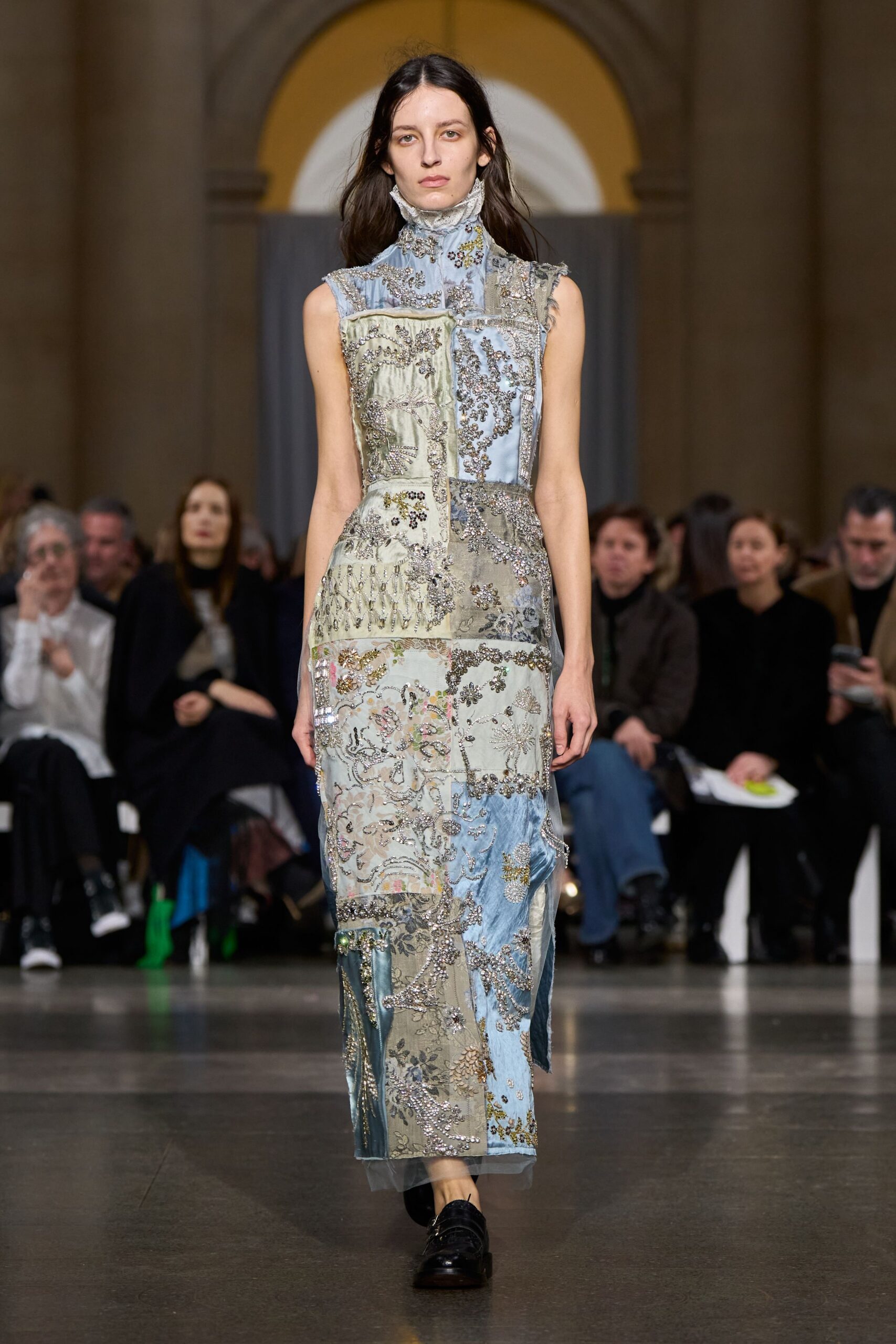 blue silk high-neck long-sleeve fitted embroidered layered dress