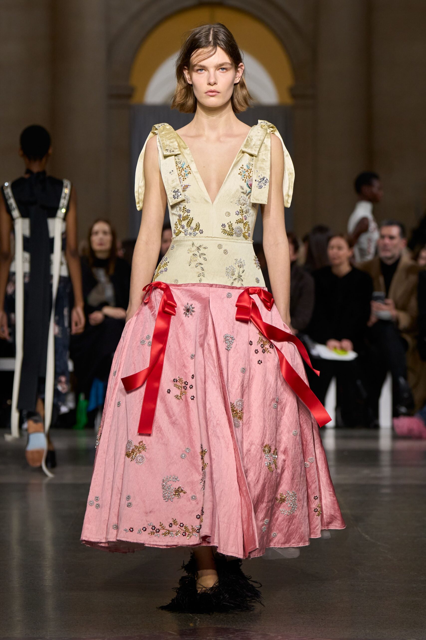pink beige embroidered midi dress
