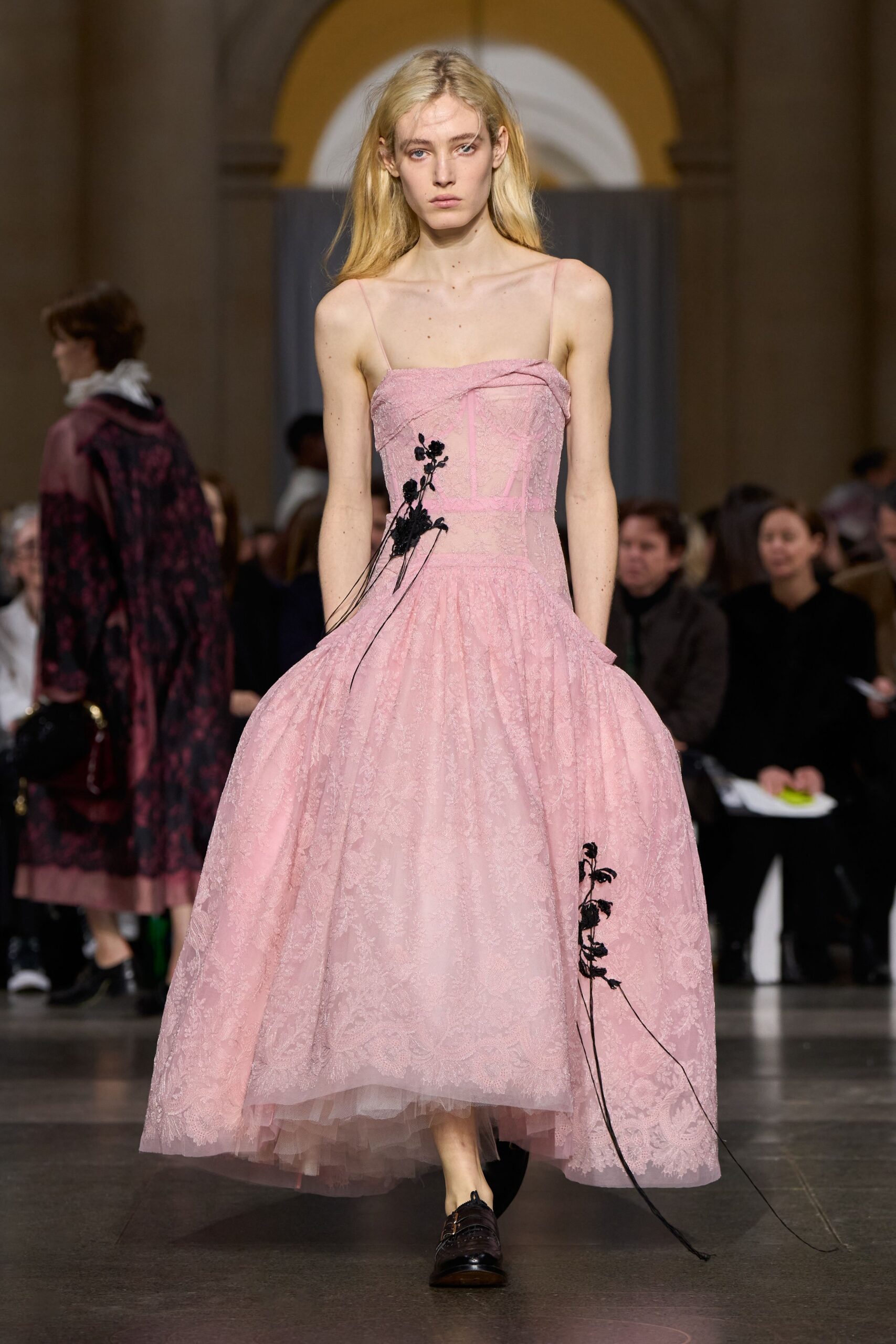 pink lace sleeveless square-neck fitted pleated embroidered dress