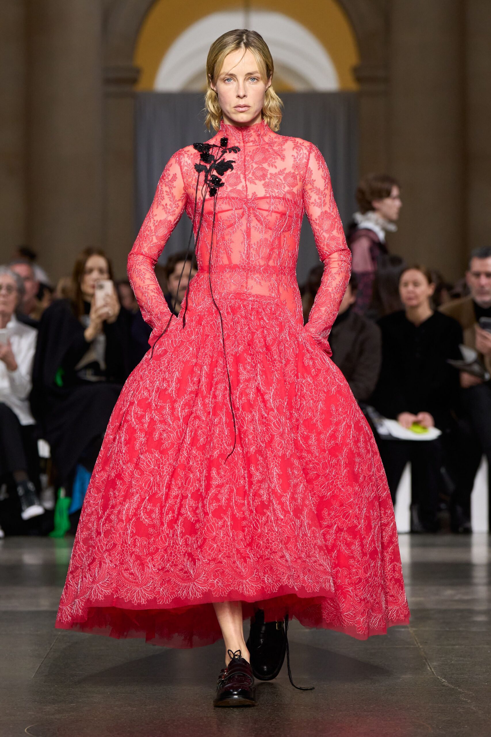 pink lace long-sleeve high-neck fitted pleated embroidered dress