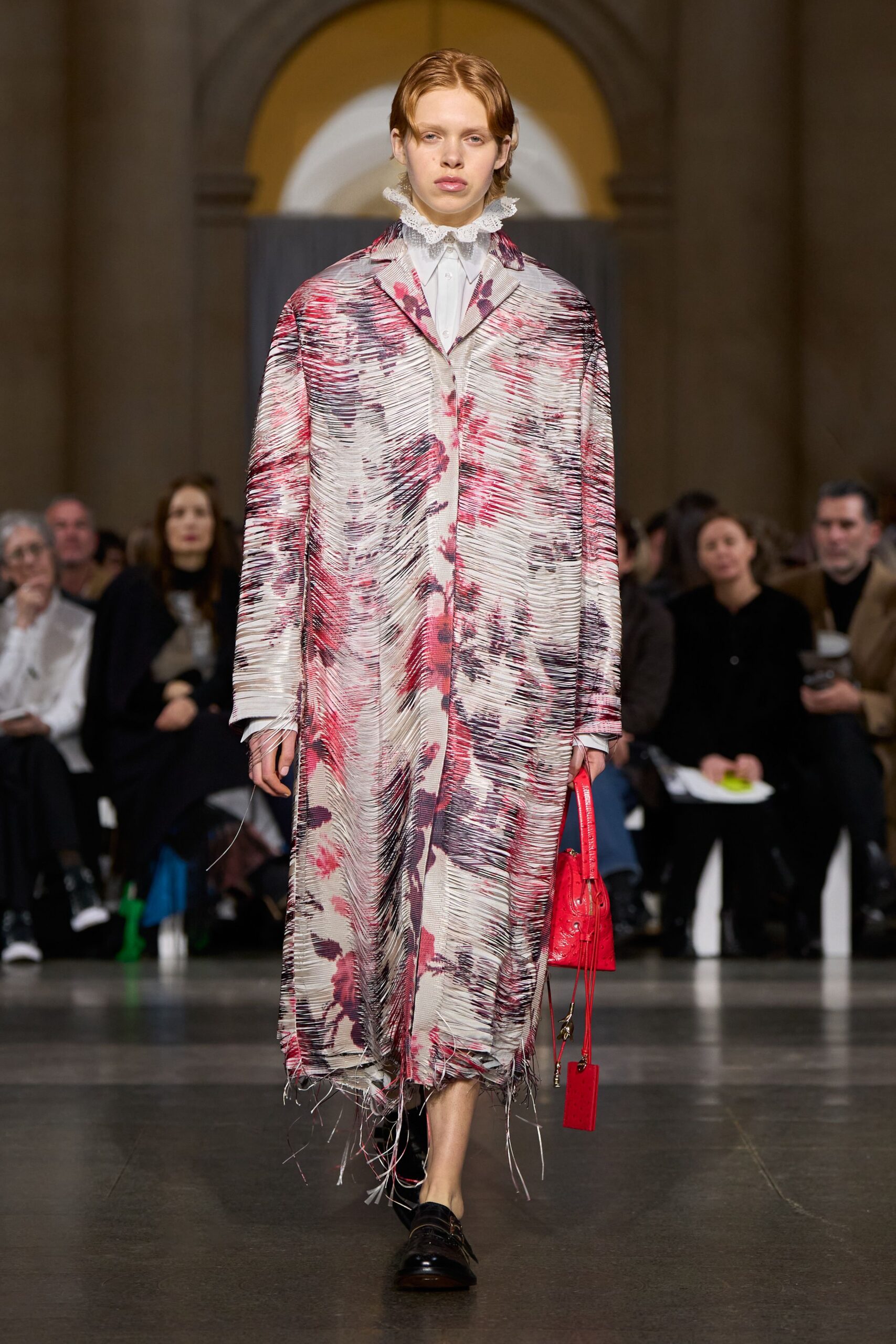 pink silk long-sleeve collared relaxed fringed printed coat