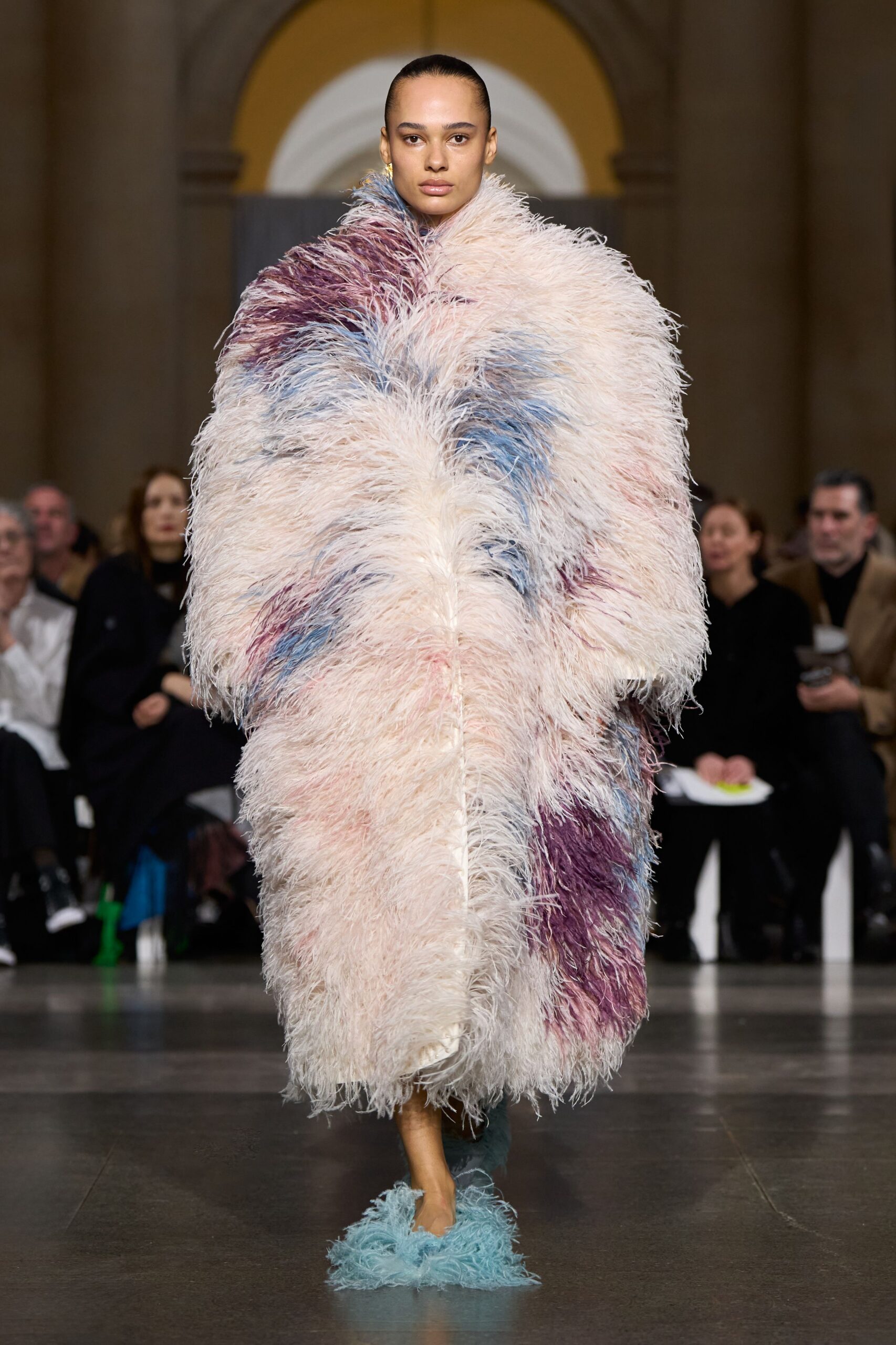 pink fur oversized fringed maxi coat