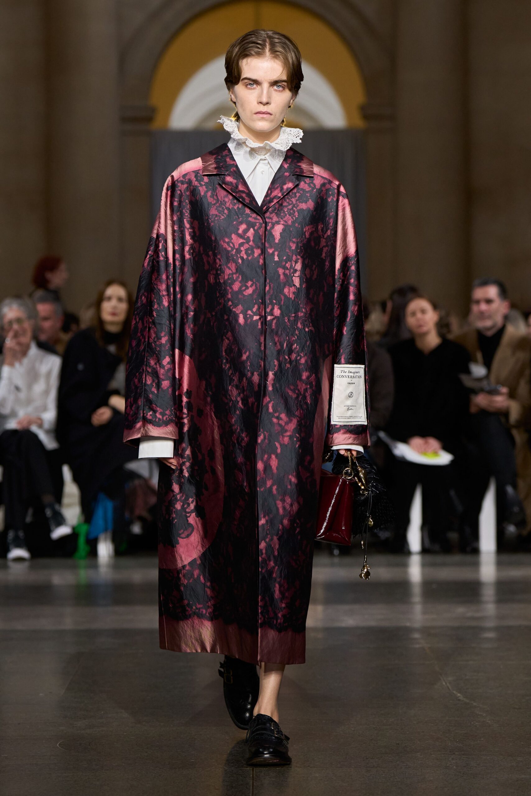 black silk long-sleeve collared relaxed floral layered coat