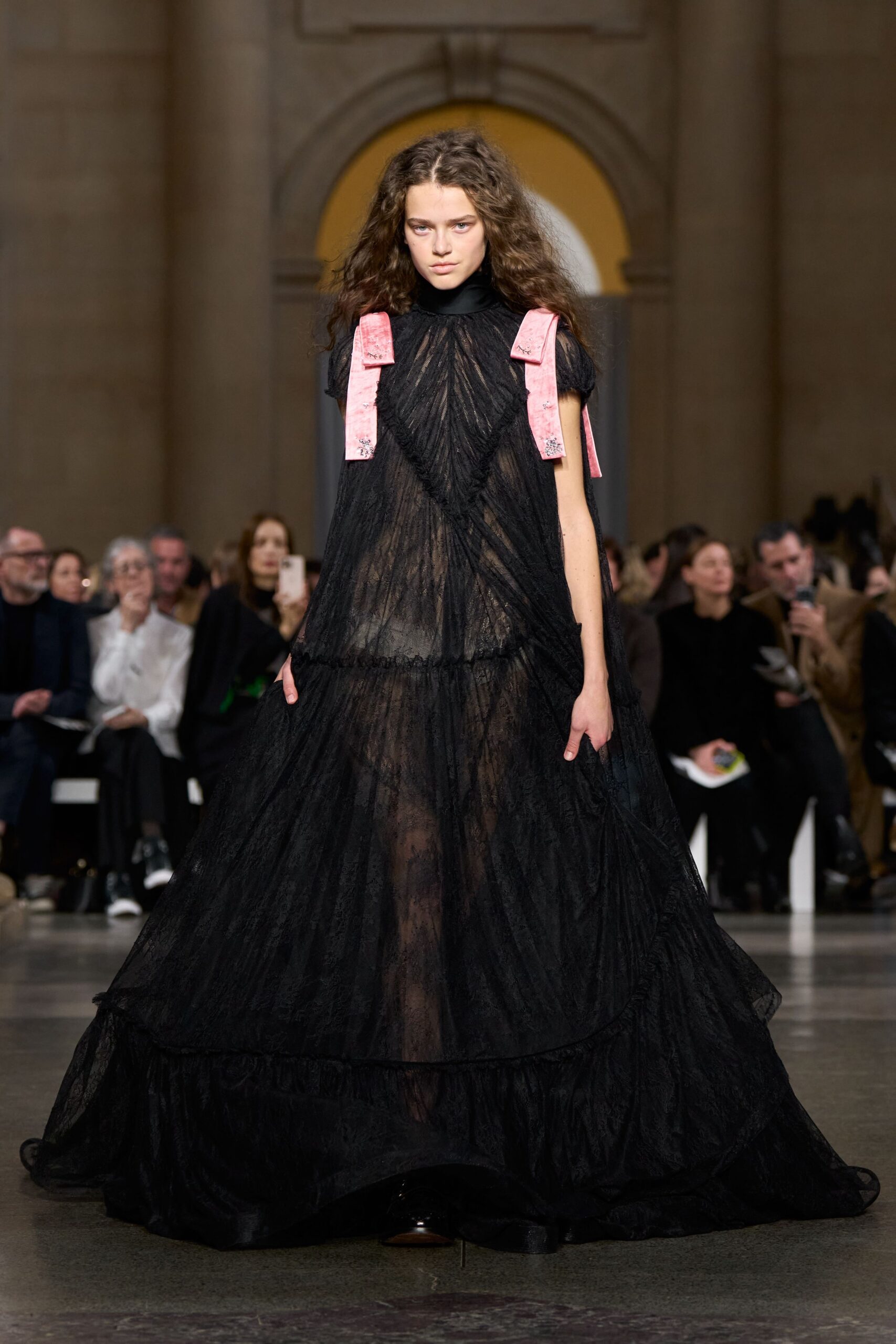 black lace sleeveless high-neck fitted tiered ruffled gown