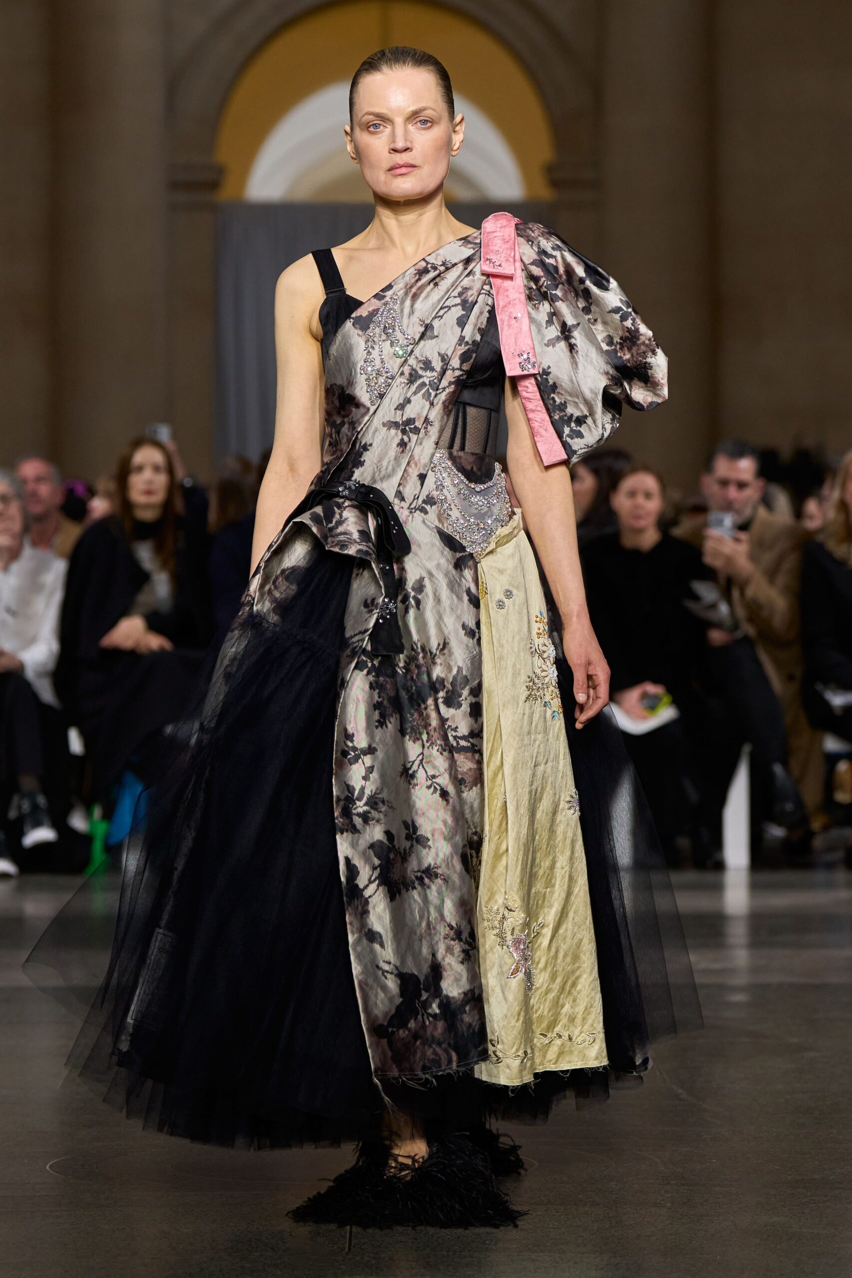 black silk sleeveless asymmetric fitted floral layered dress
