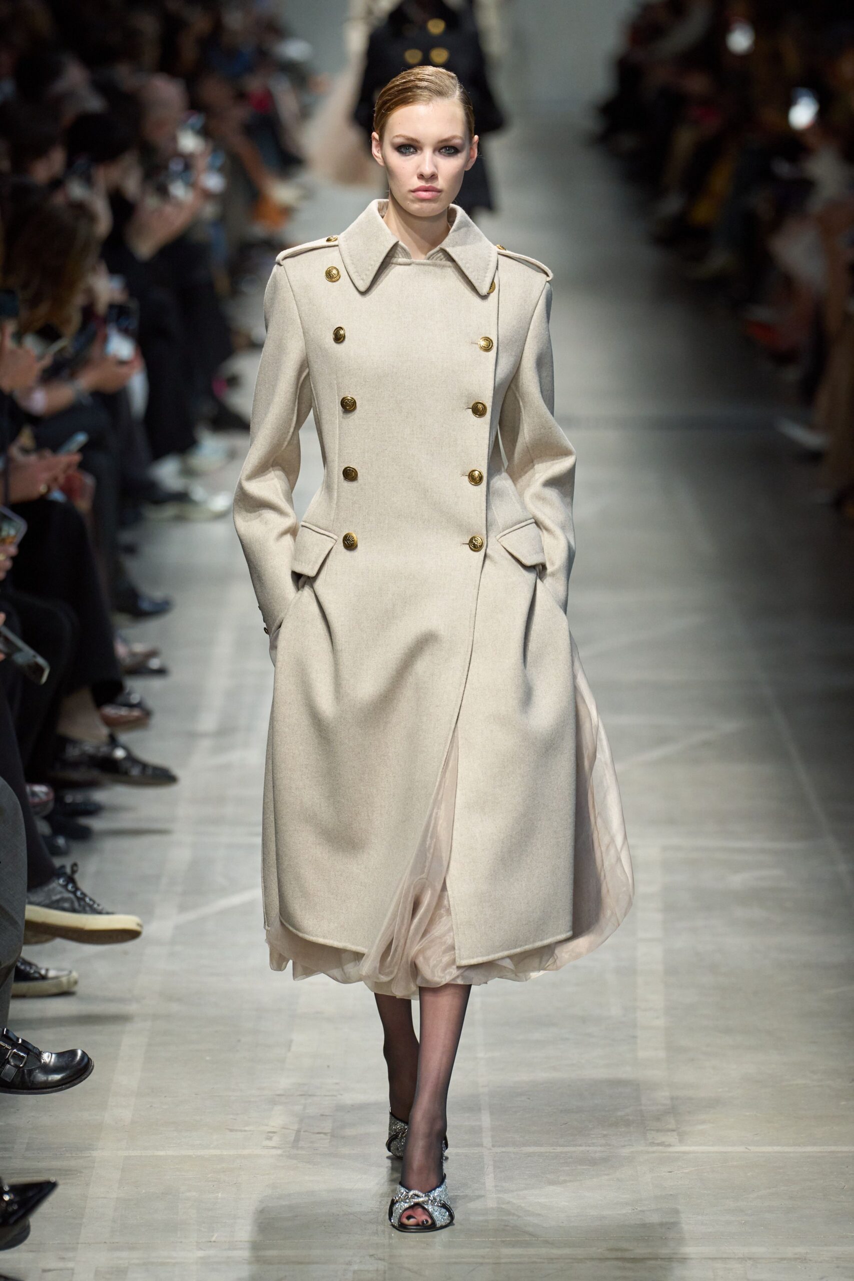 beige wool long-sleeve collared structured buttoned midi coat