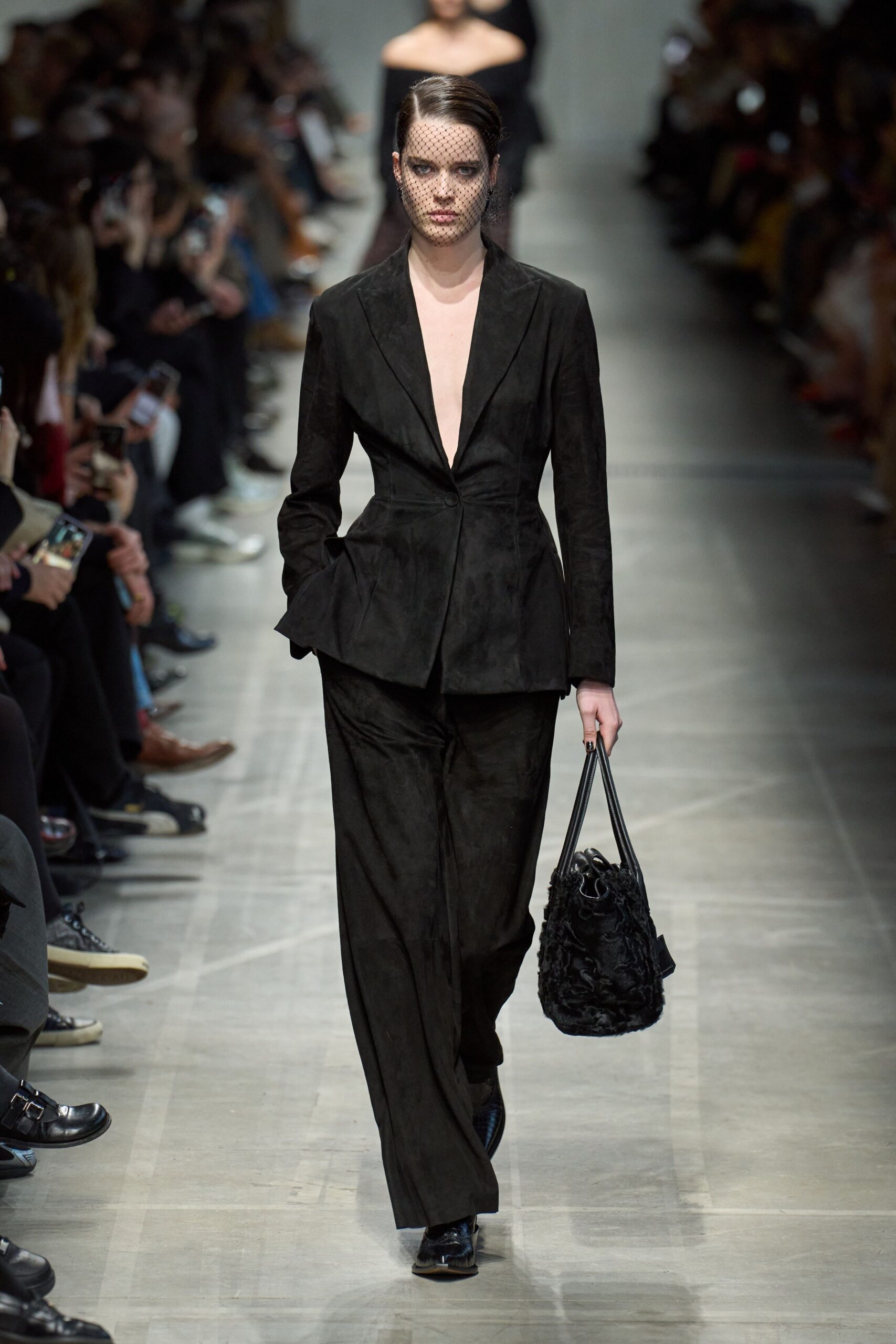 black suede long-sleeve v-neck tailored suit