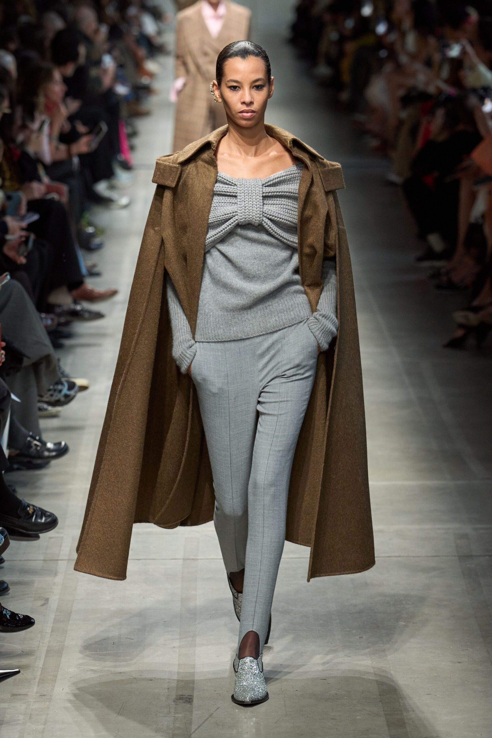 brown wool long-sleeve collared structured belted coat