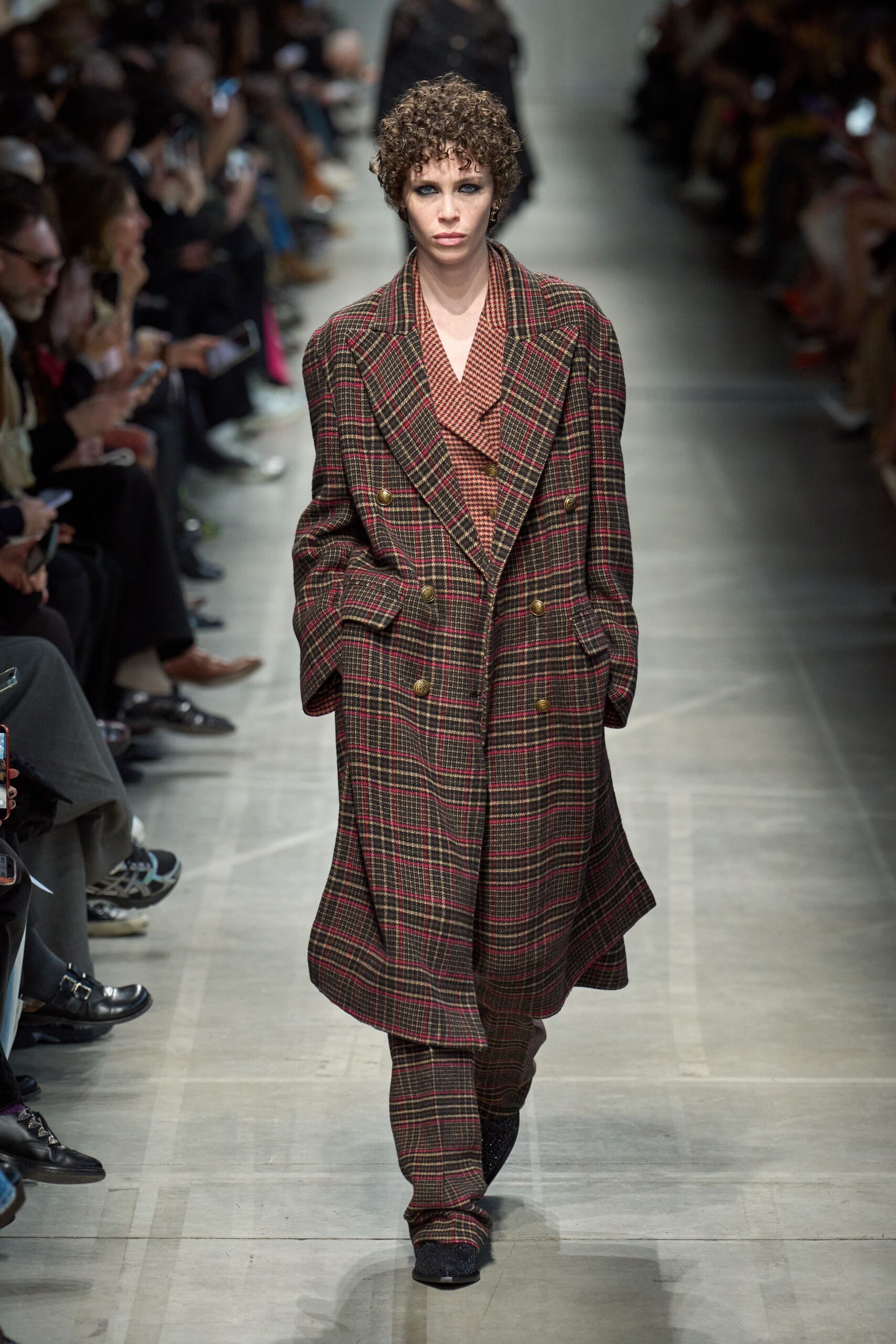 red wool long-sleeve double-breasted relaxed checked coat