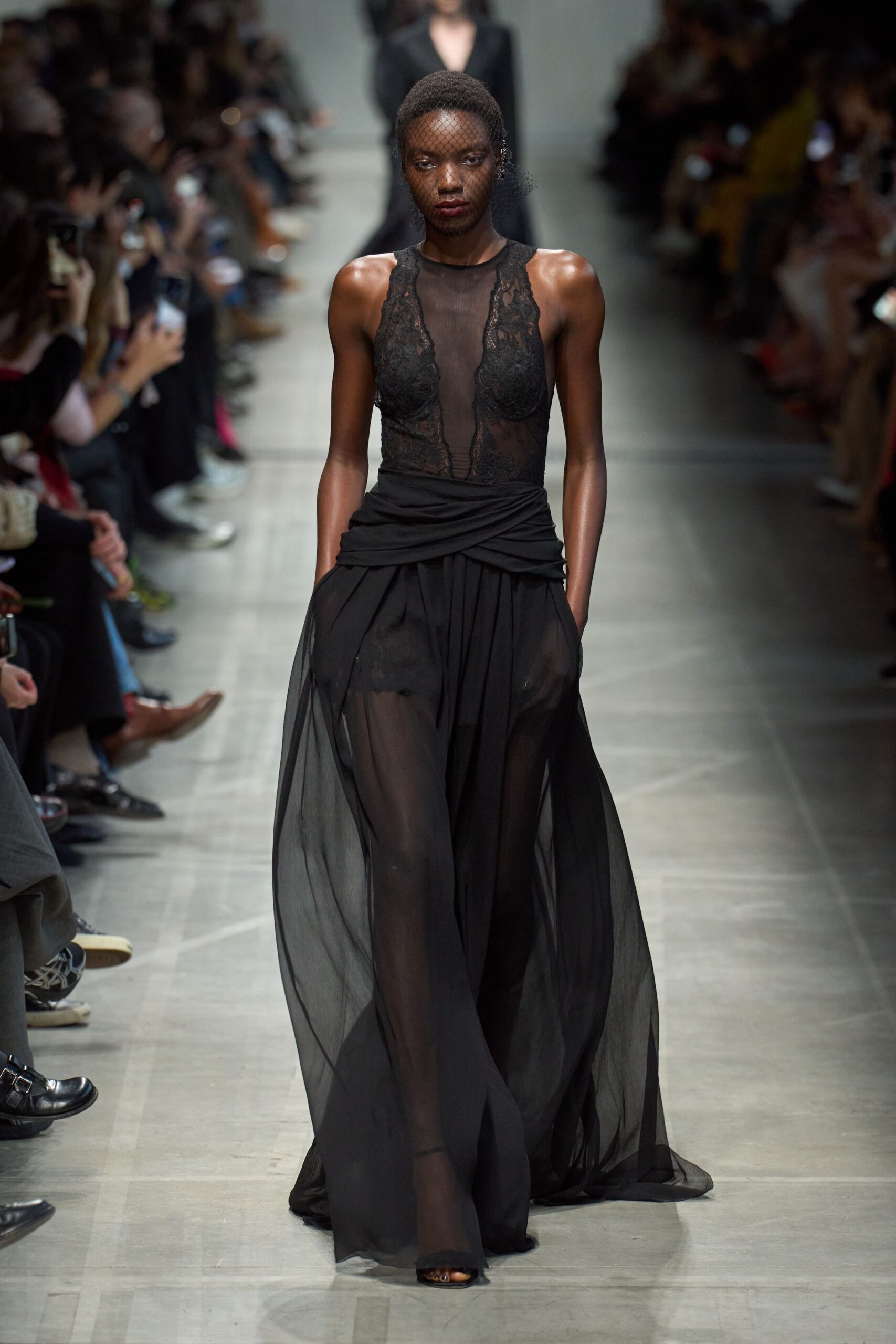 black silk sleeveless v-neck fitted layered gown