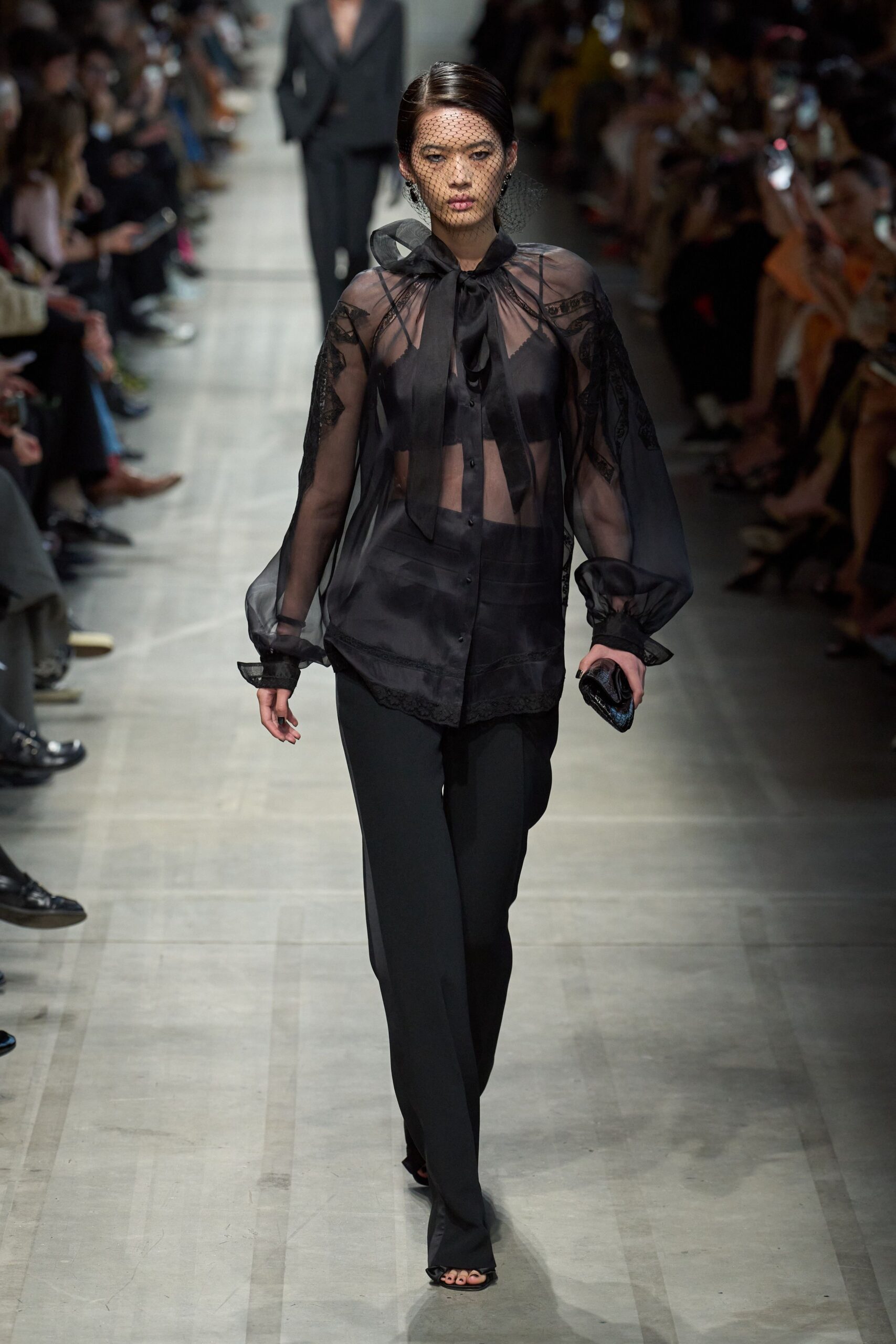 black silk long-sleeve collared fitted ruffled sheer shirt