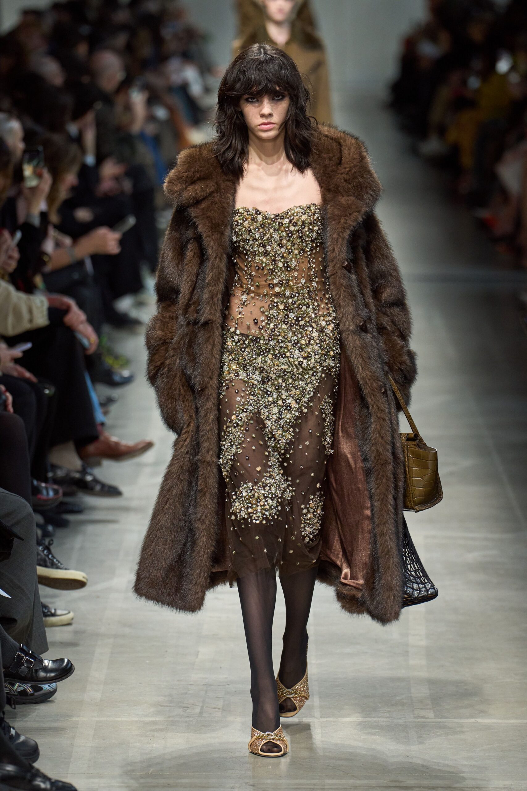 brown fur sleeveless v-neck fitted beaded embellished gown