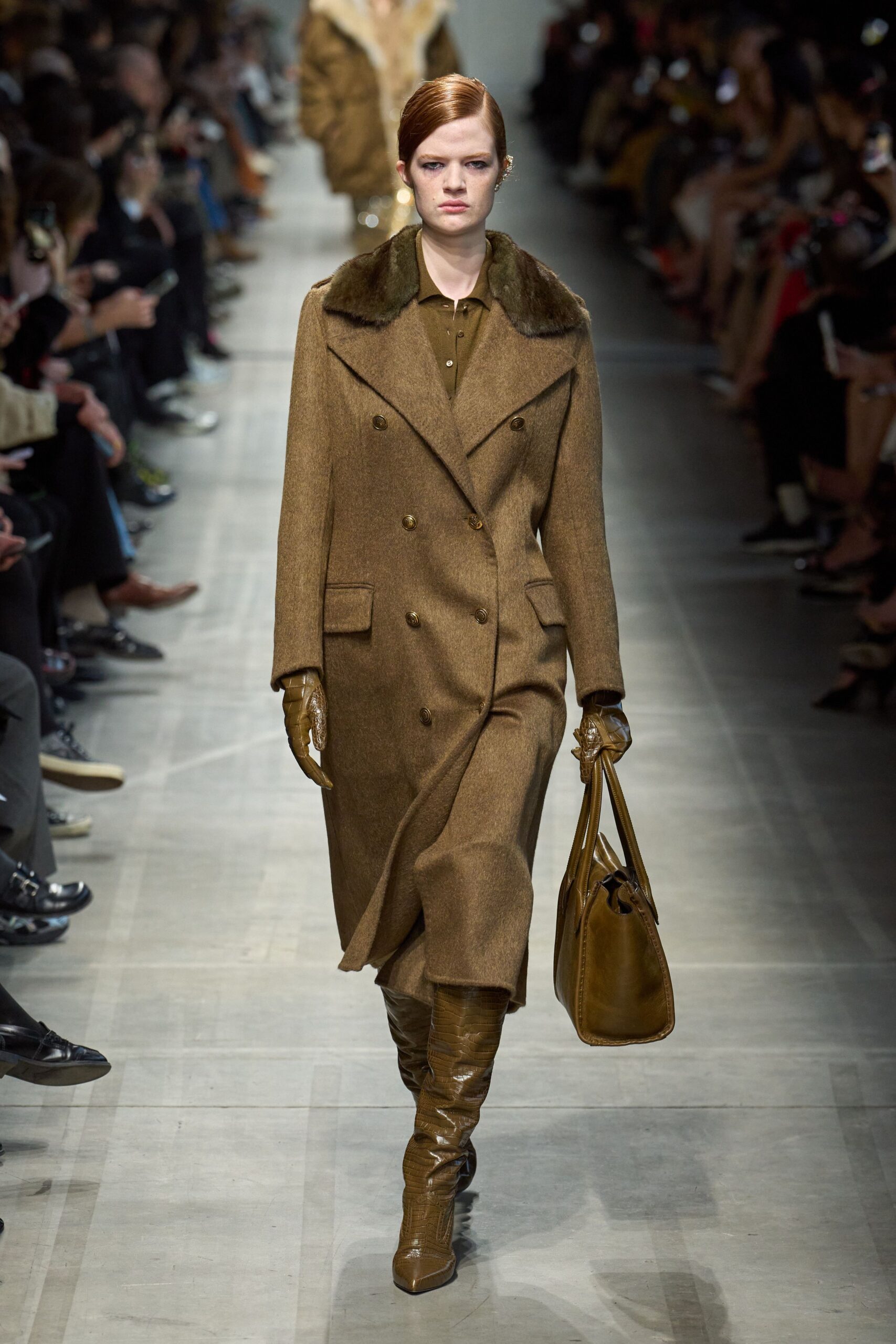 brown wool long-sleeve collared fitted belted midi coat