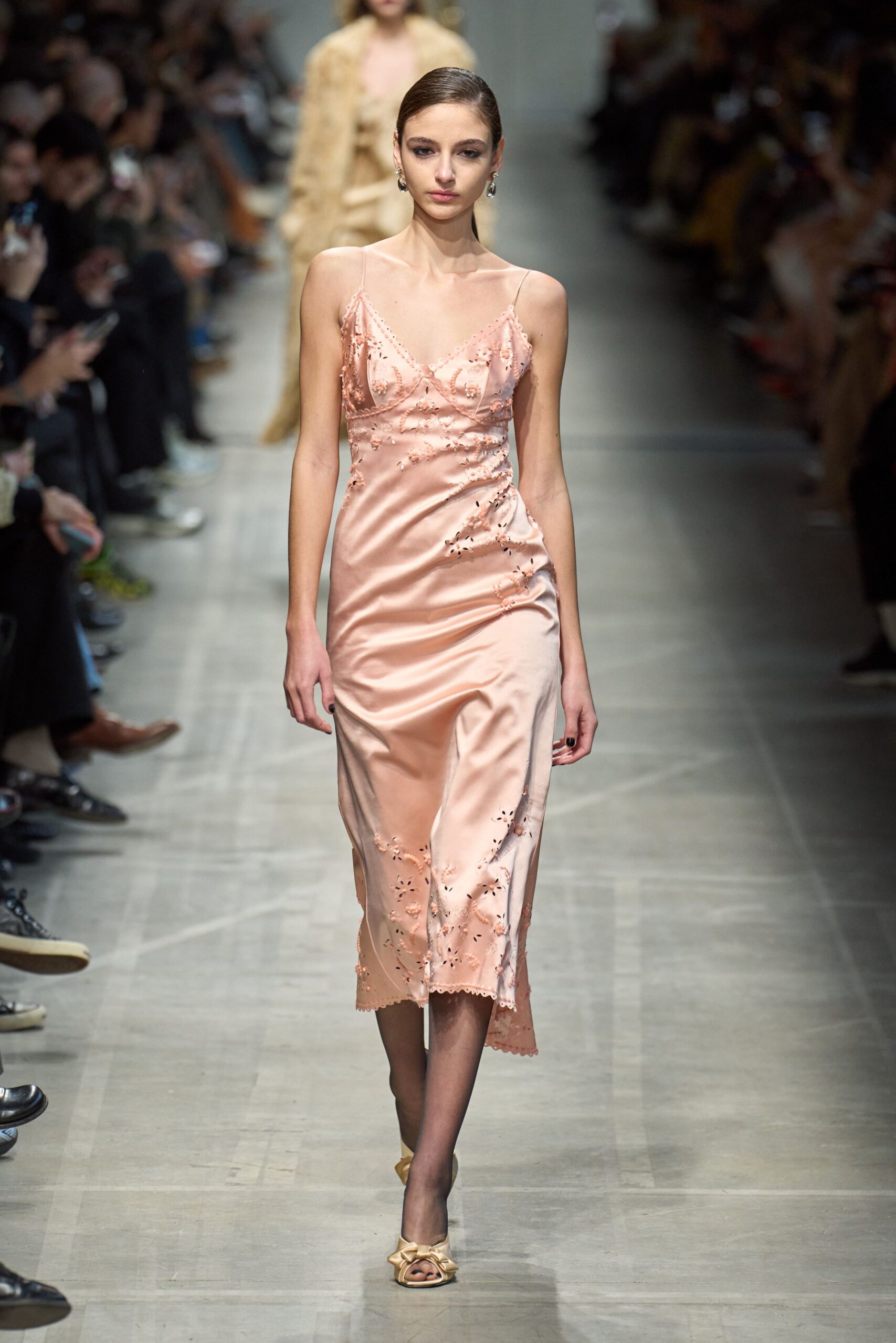pink silk sleeveless v-neck fitted embroidered shiny dress