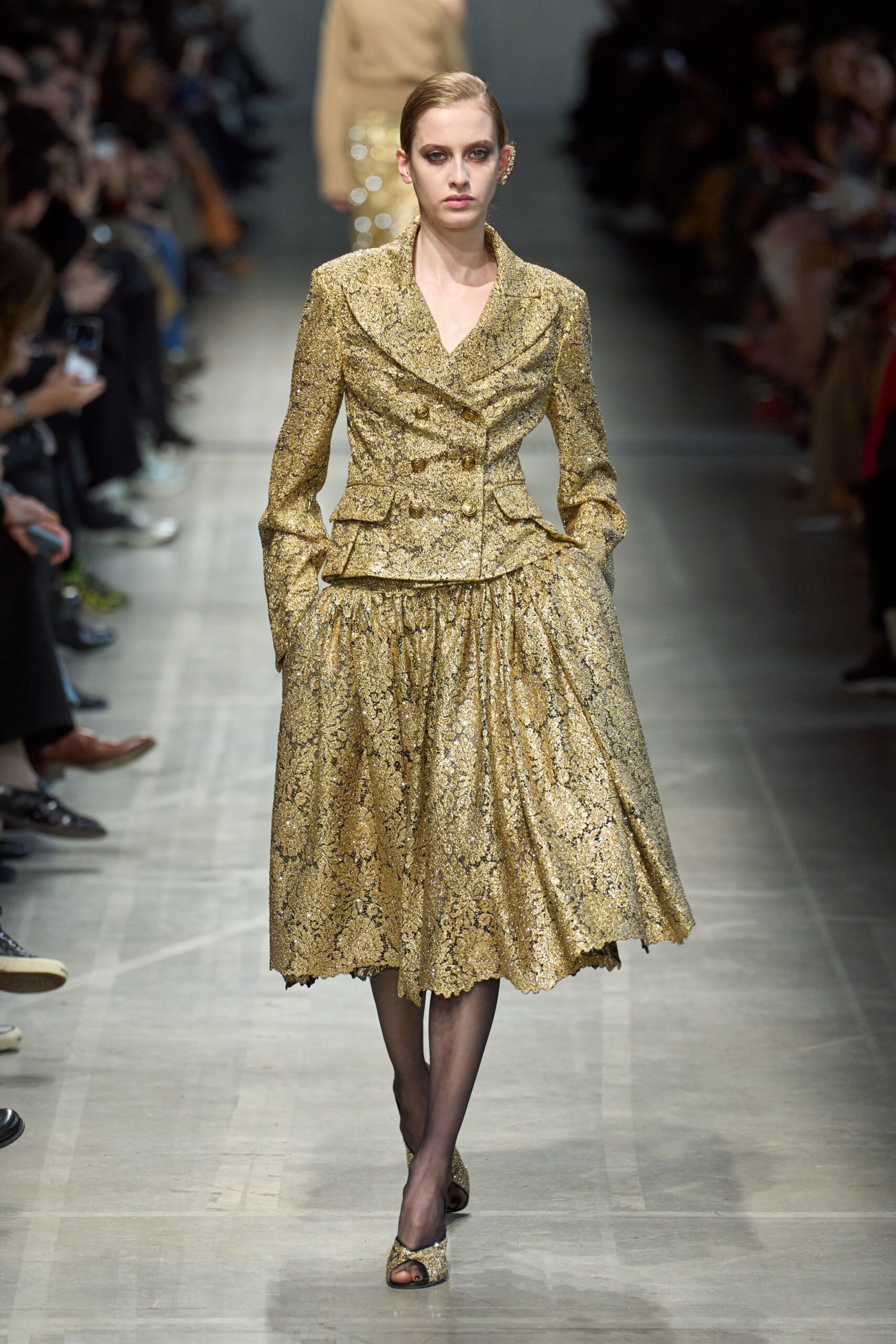 gold brocade long-sleeve collared structured pleated shiny suit