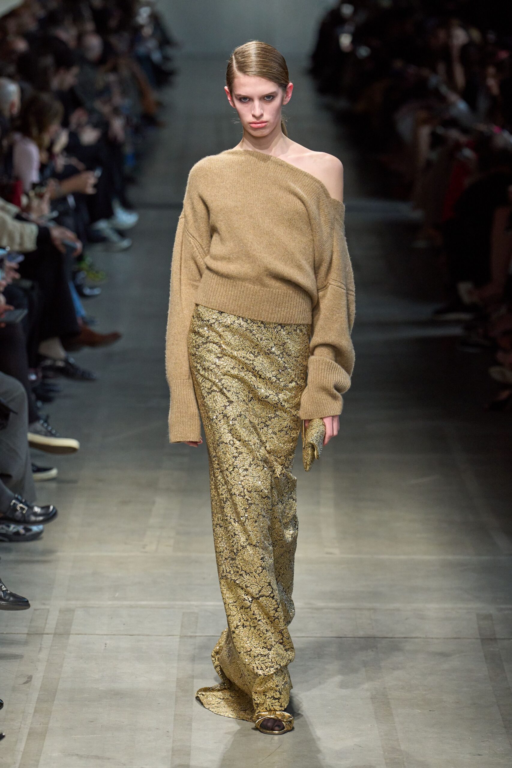 gold silk fitted pleated shiny midi skirt