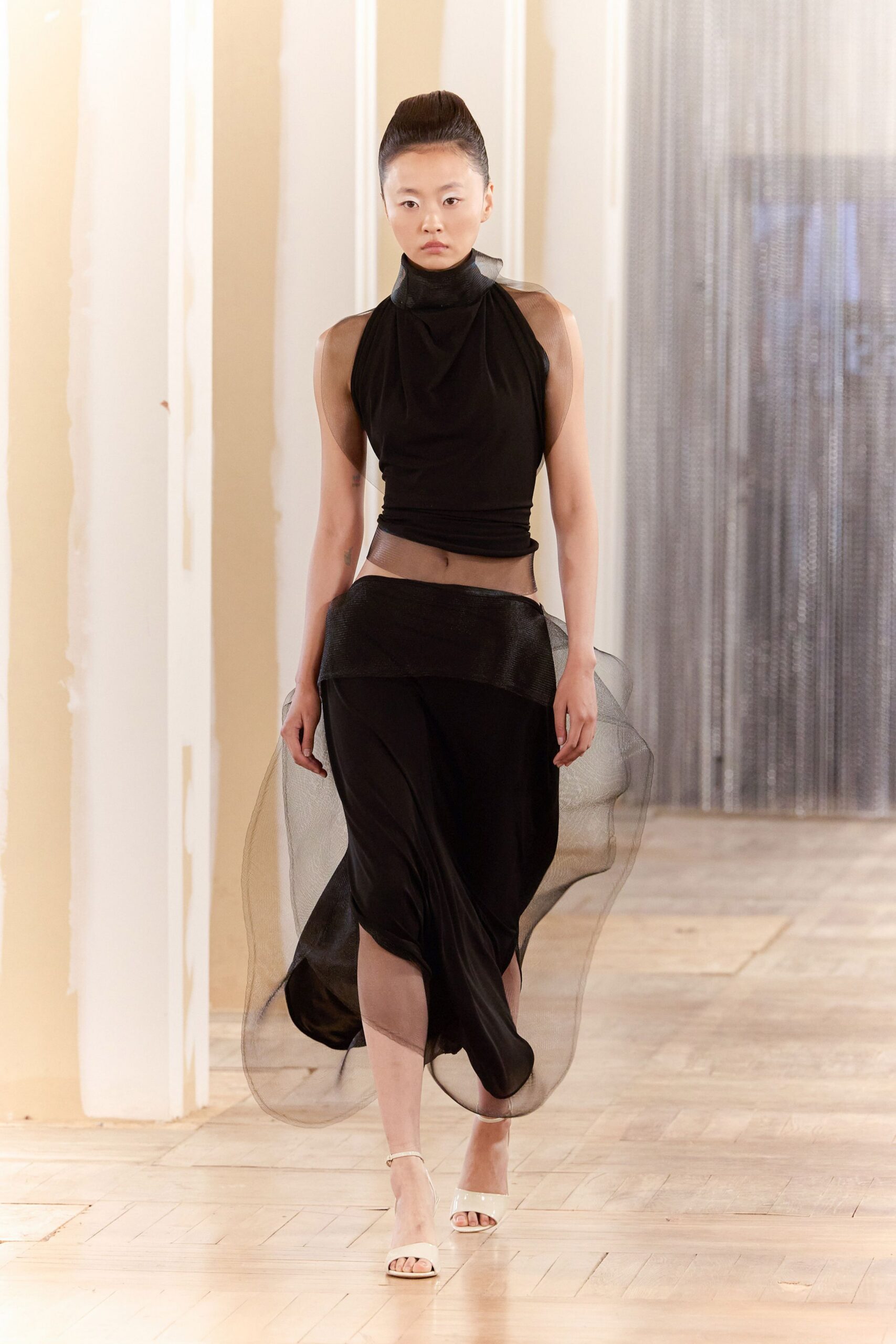 black chiffon fitted layered sheer flowing midi skirt