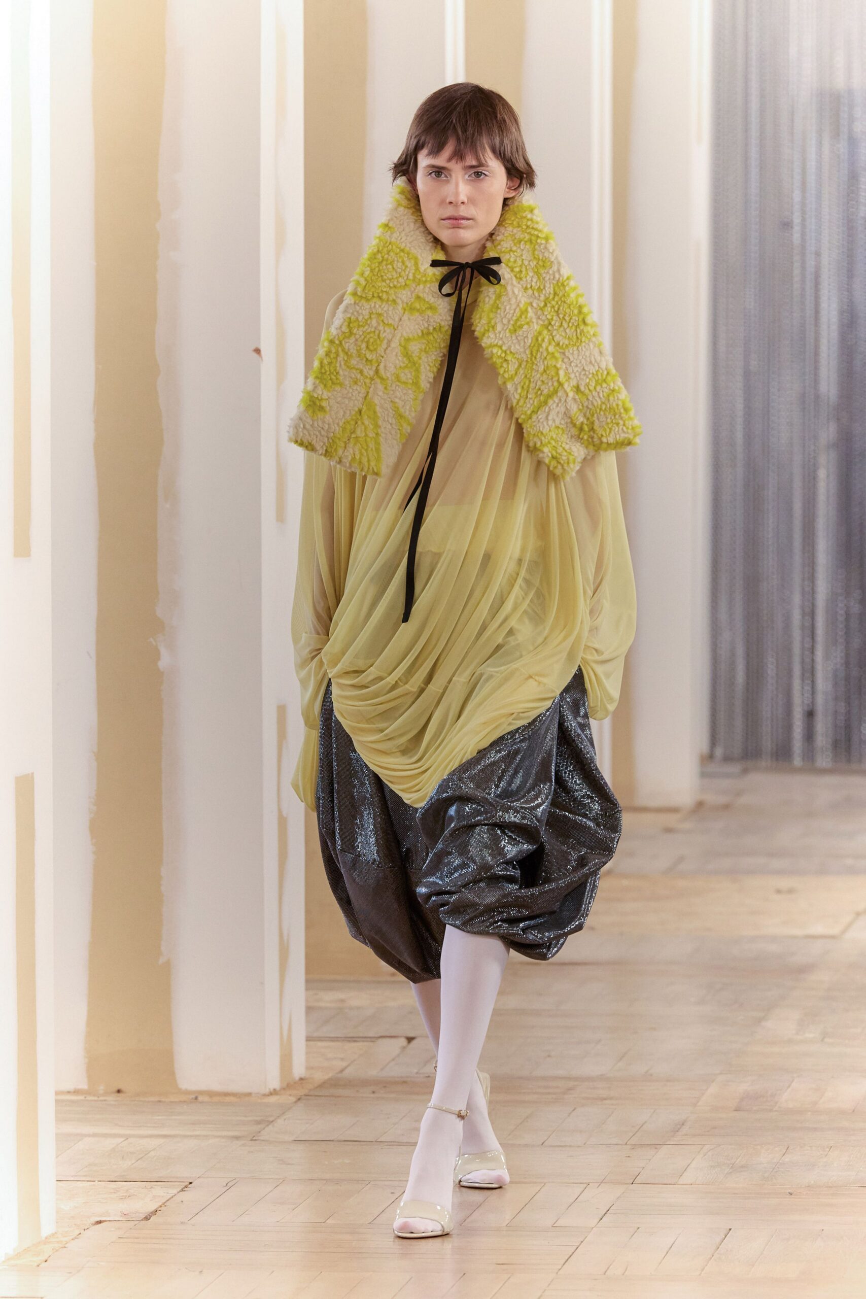 yellow chiffon long-sleeve high-neck relaxed draped sheer top