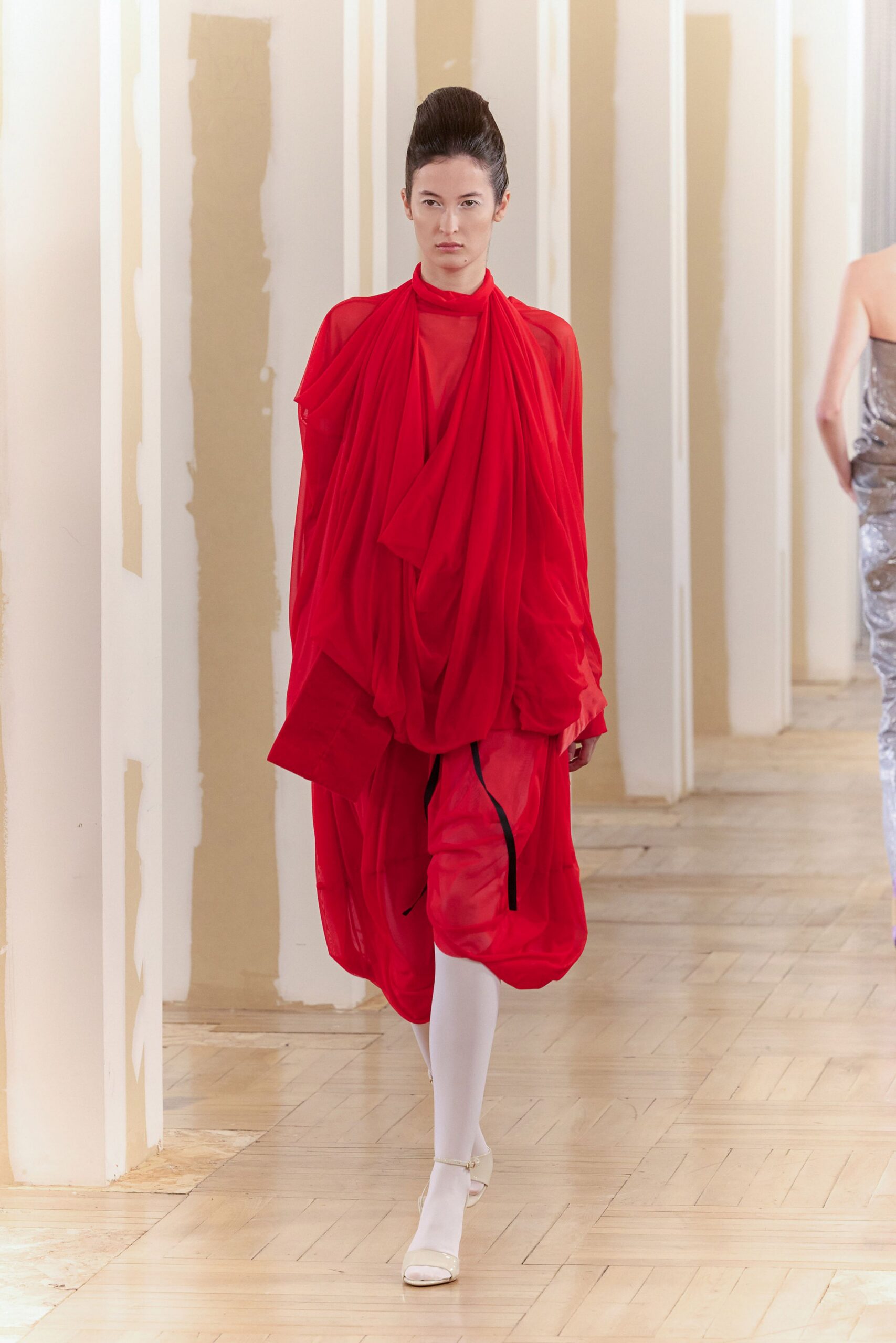 red silk long-sleeve high-neck oversized draped sheer dress
