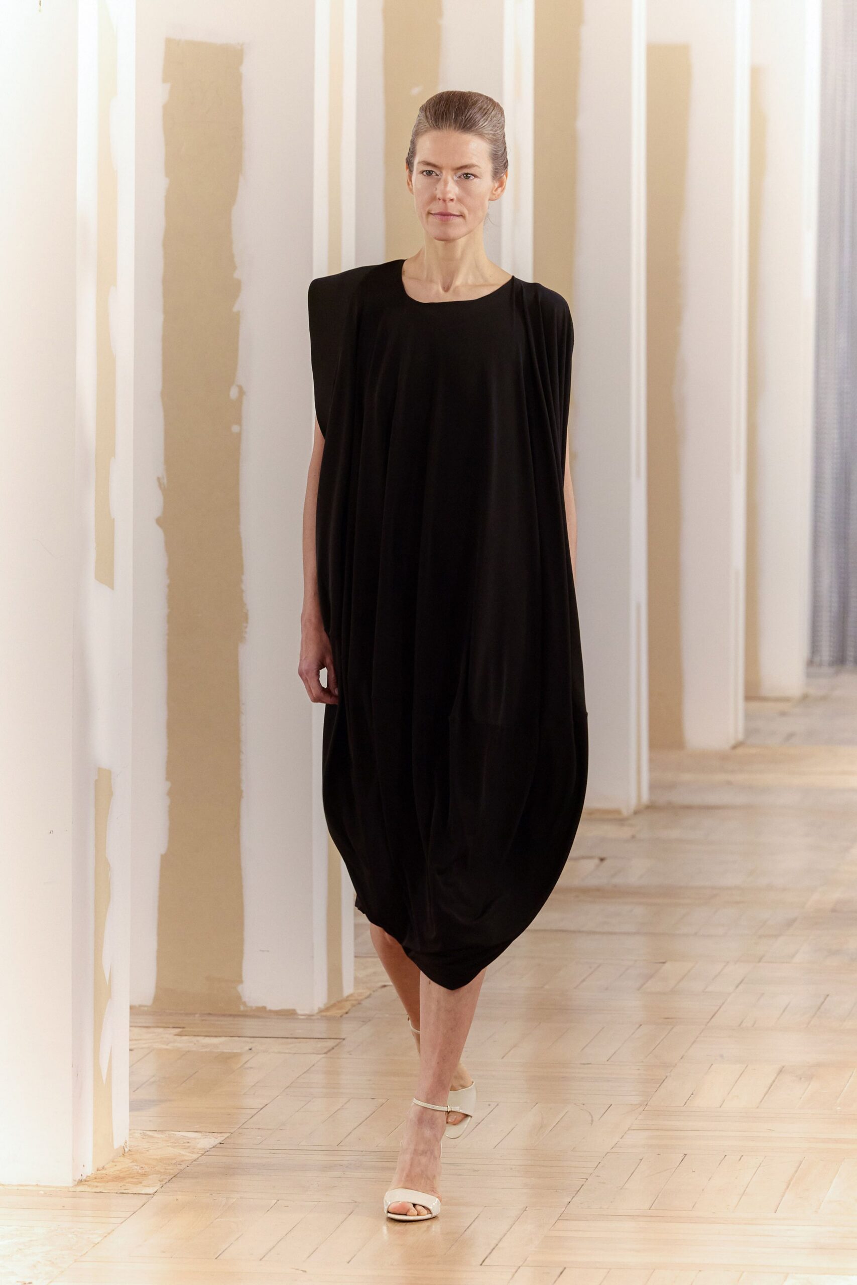 black cotton sleeveless high-neck relaxed draped midi dress