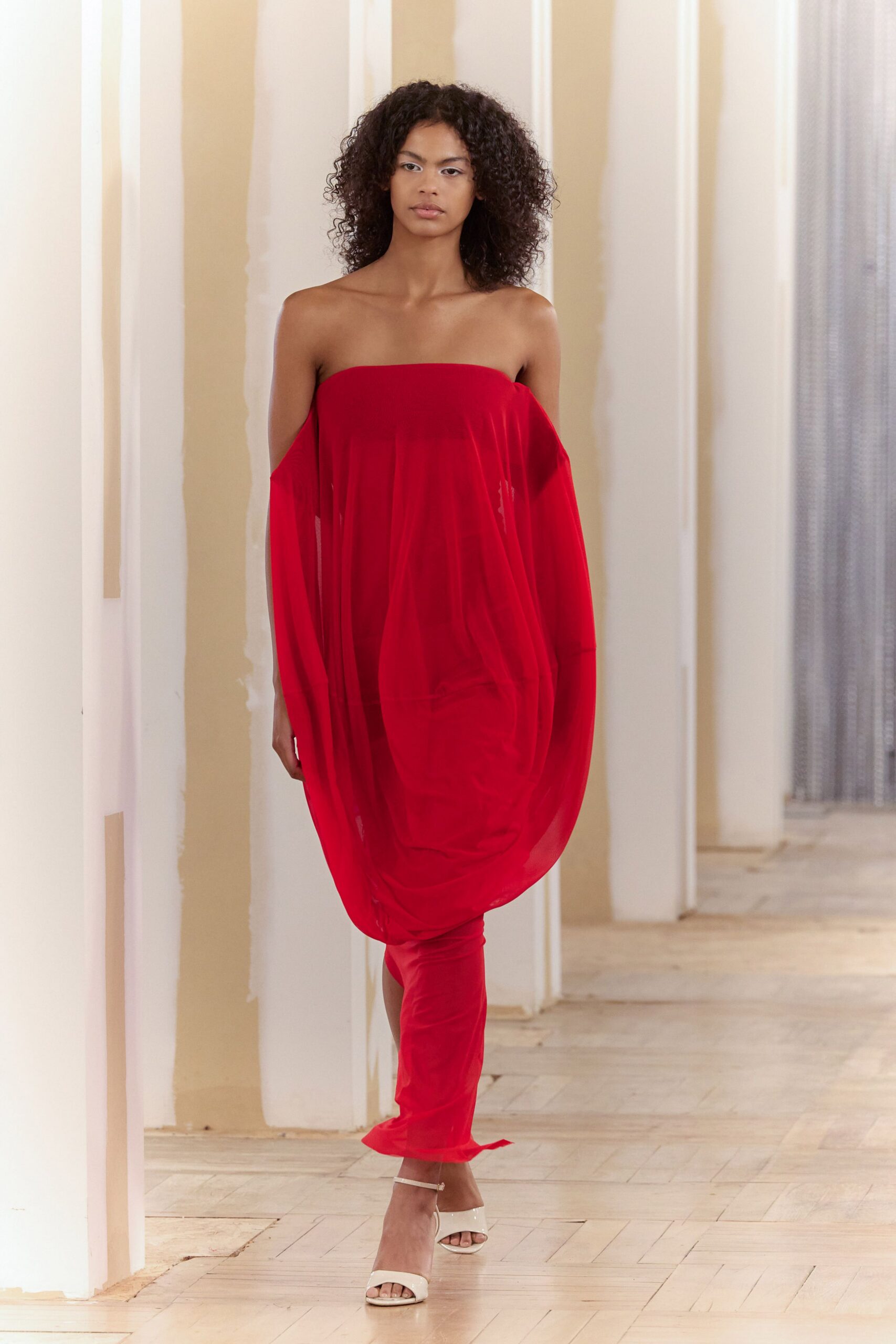 red chiffon strapless long-sleeve relaxed draped sheer dress