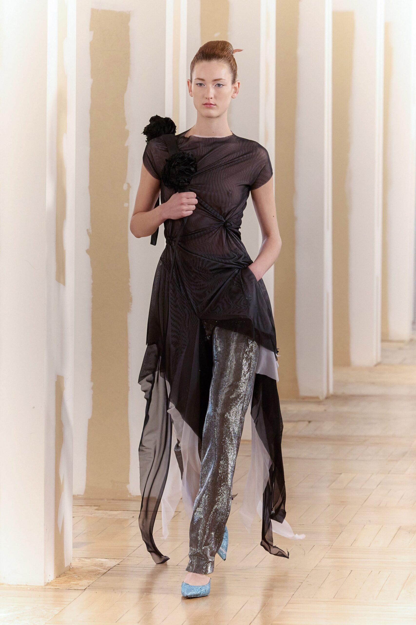 black silk short-sleeve asymmetric relaxed draped sheer top