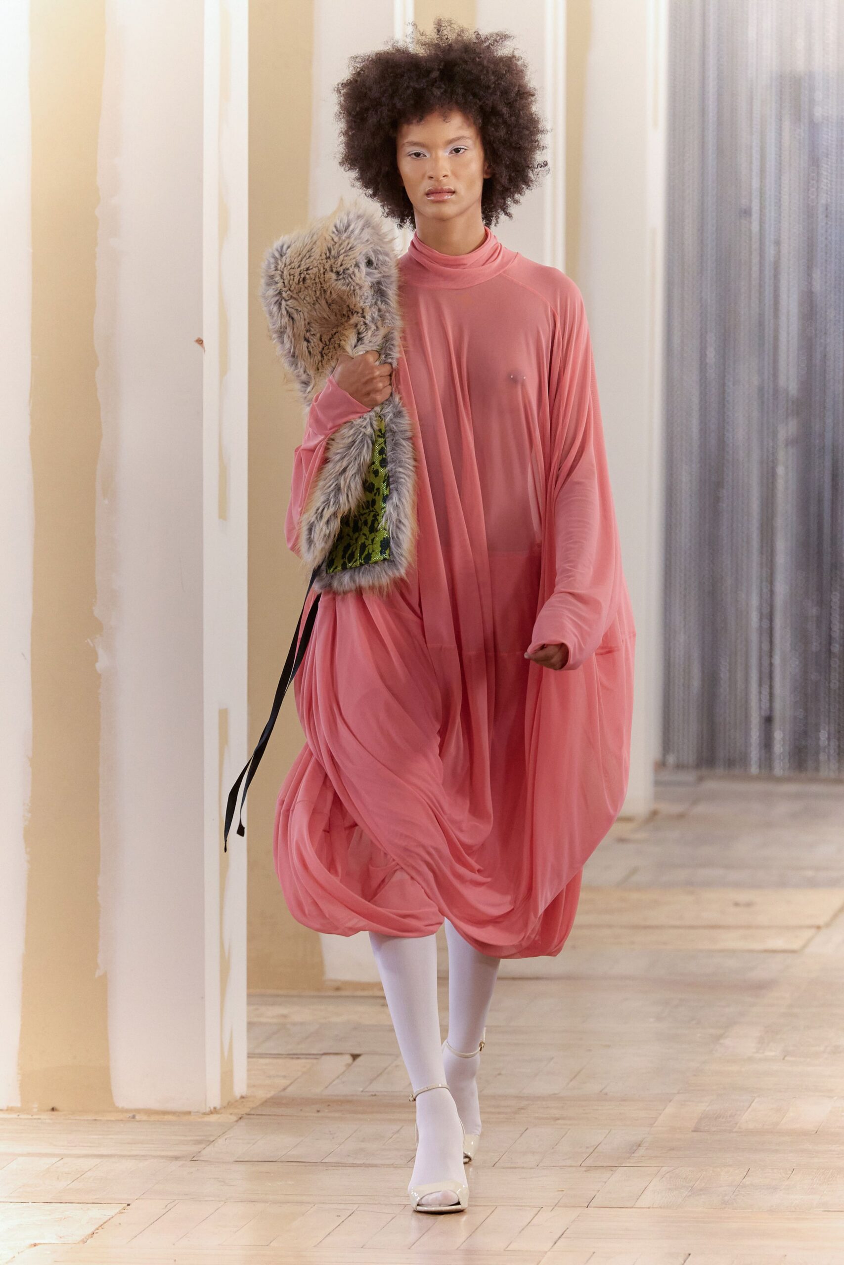 pink silk long-sleeve high-neck relaxed draped flowing dress