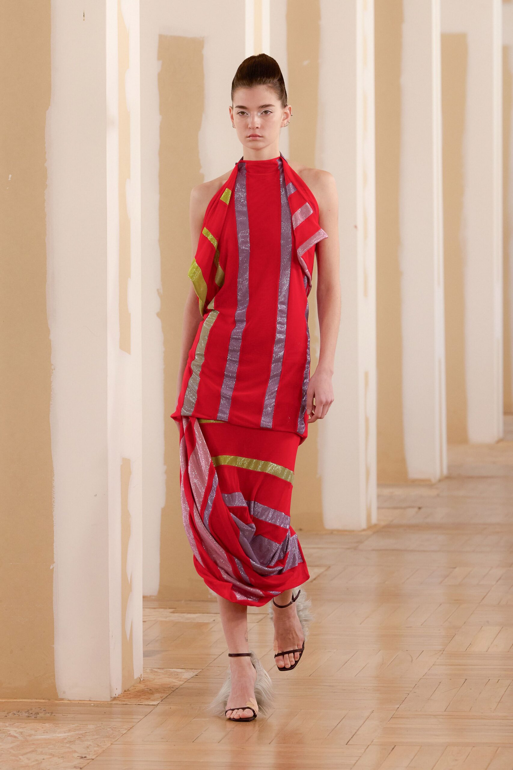 red silk sleeveless halter fitted striped layered dress