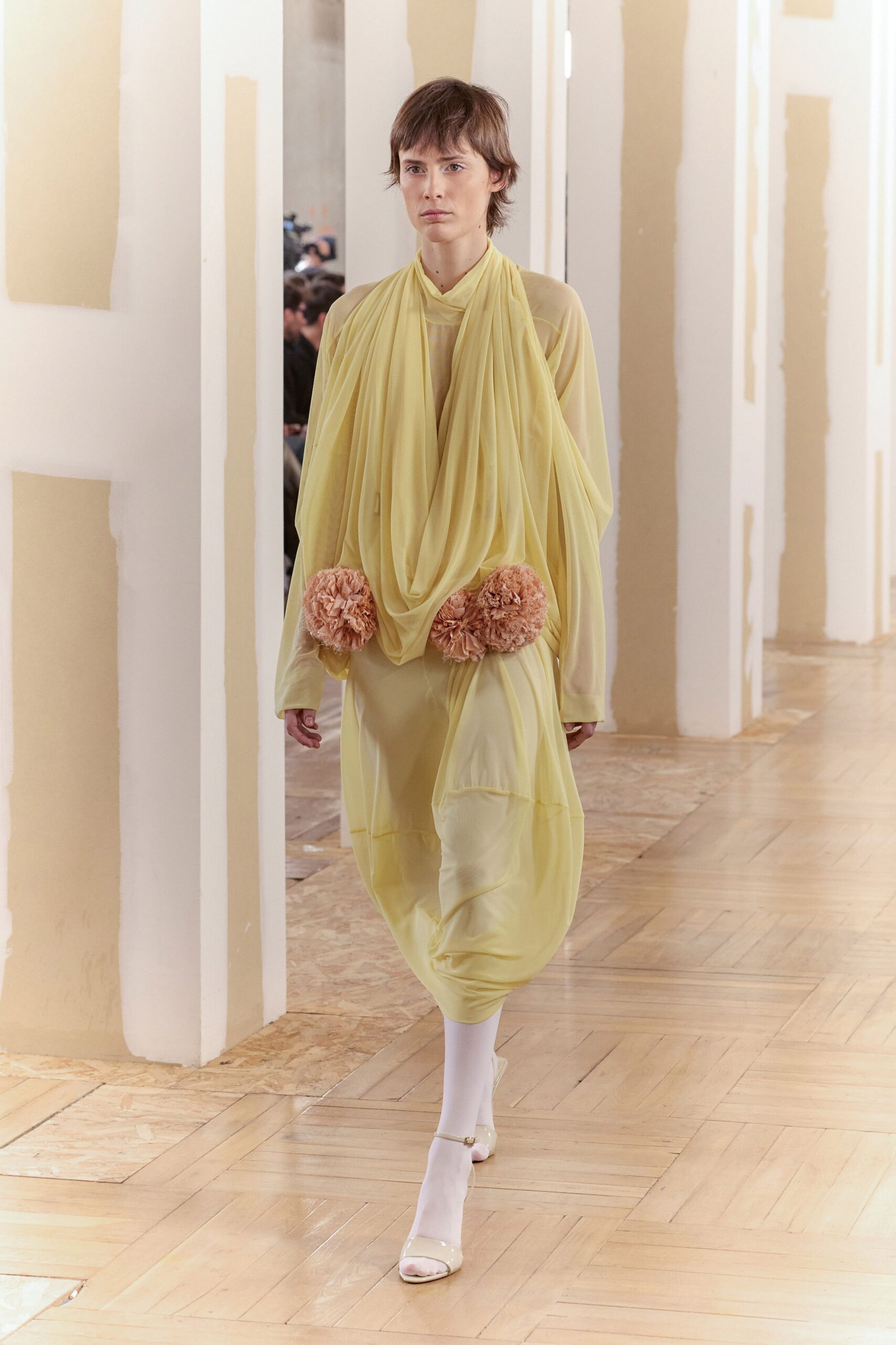 yellow chiffon sleeveless high-neck relaxed draped flowing dress