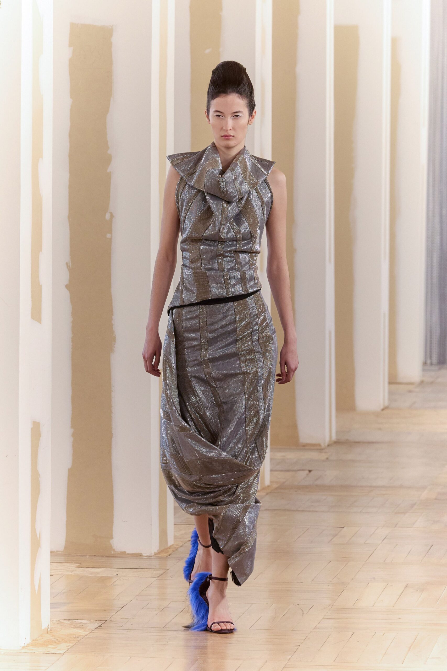 gray silk sleeveless high-neck fitted pleated draped dress