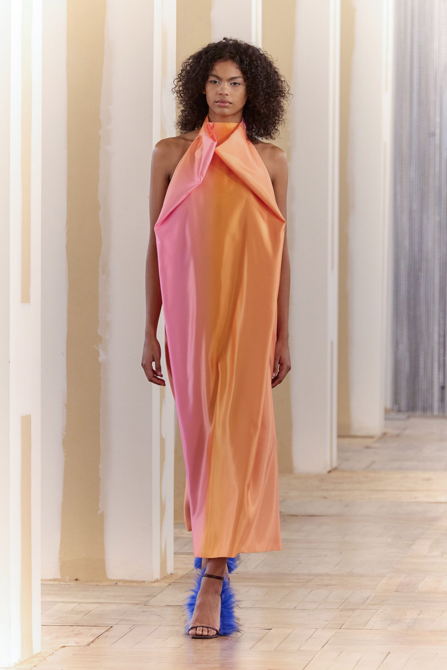 pink silk sleeveless halter fitted draped flowing gown