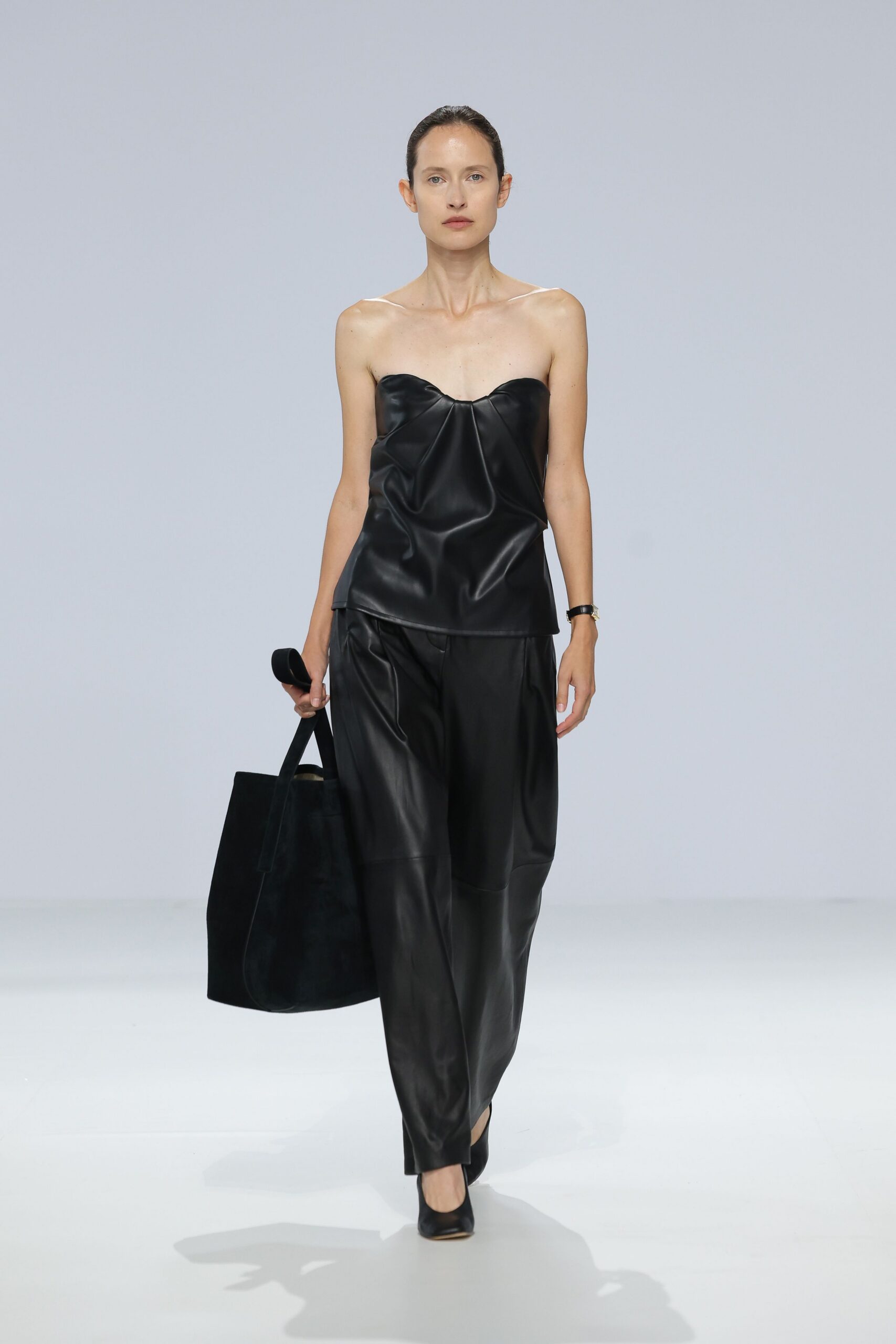 black leather strapless fitted top