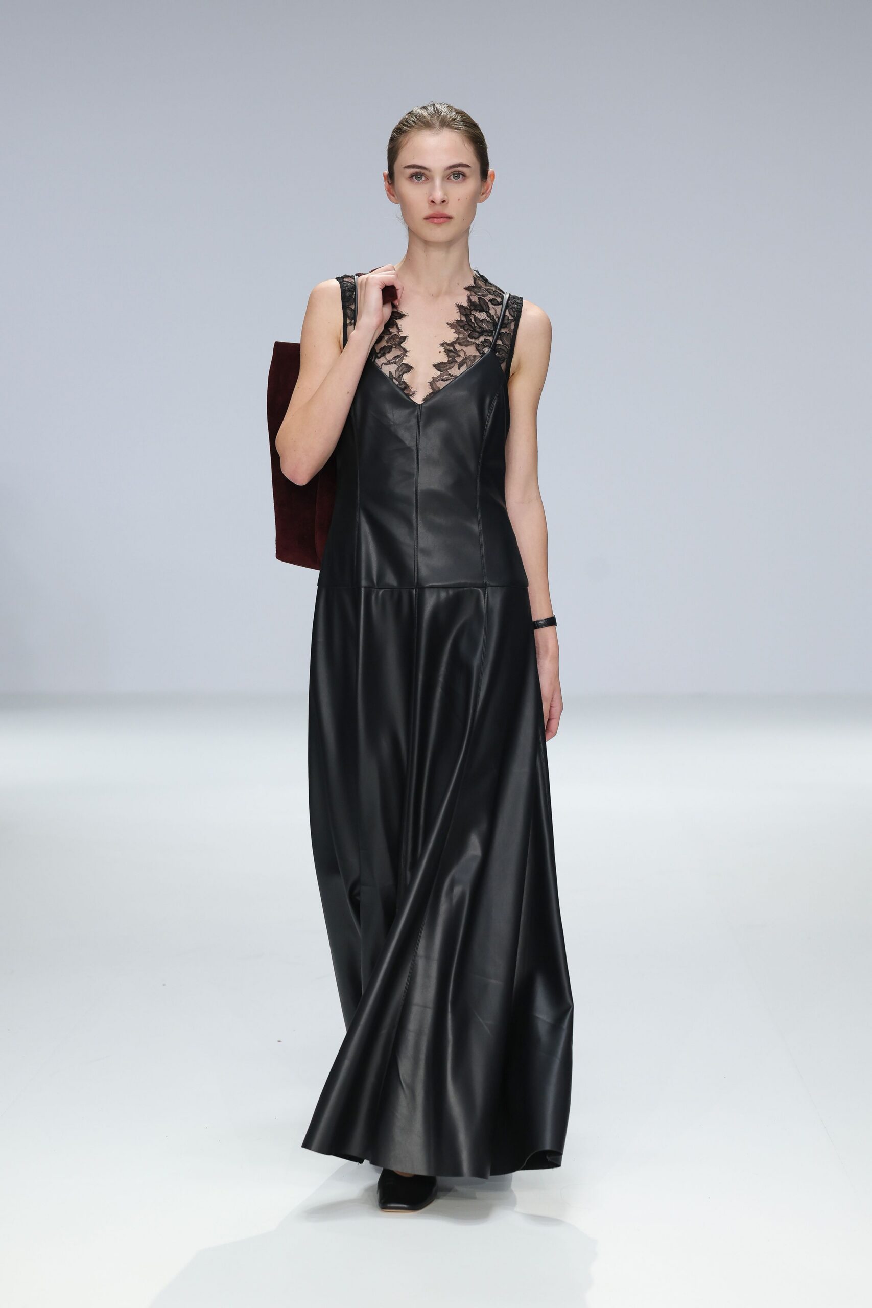 black leather sleeveless v-neck fitted embroidered maxi gown