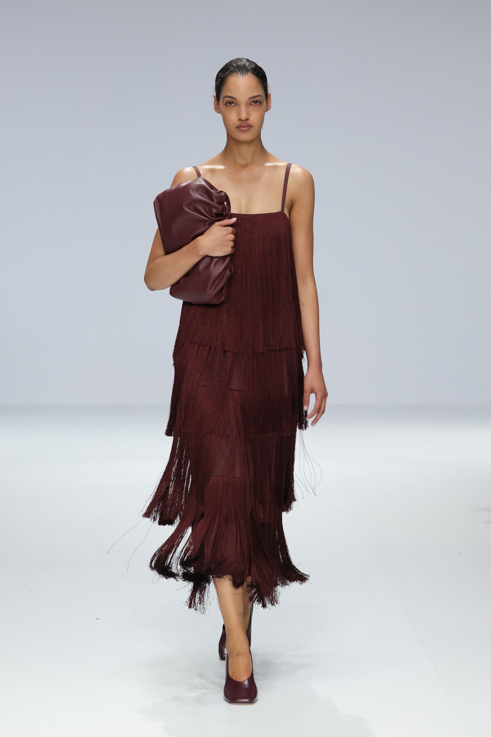 maroon silk sleeveless fitted fringed tiered midi dress