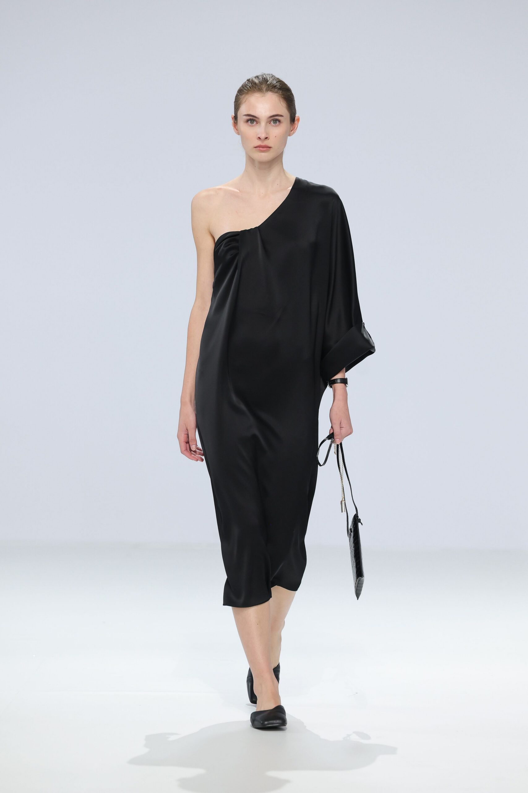 black silk sleeveless asymmetric relaxed flowing midi dress