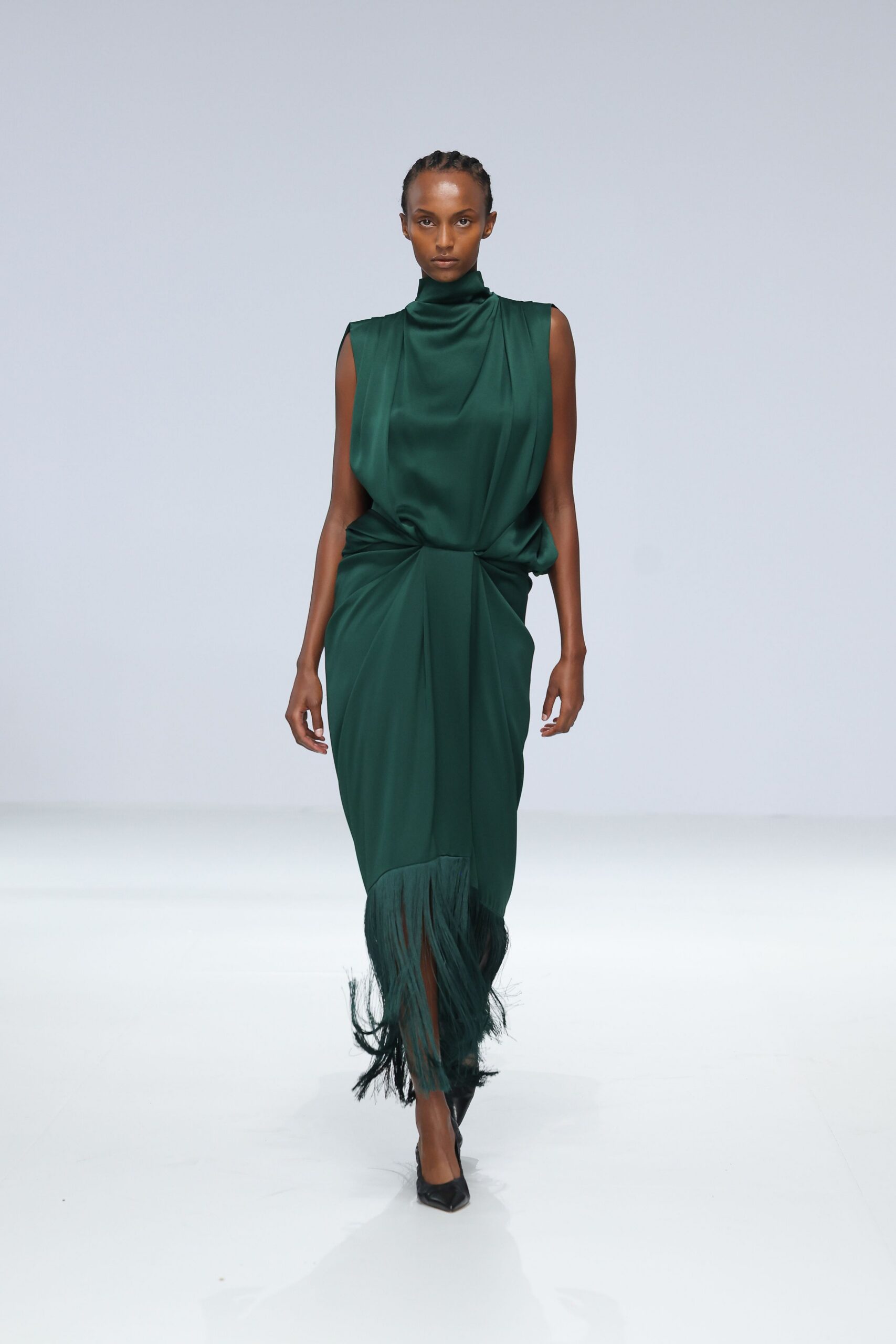 green silk sleeveless high-neck fitted draped fringed dress