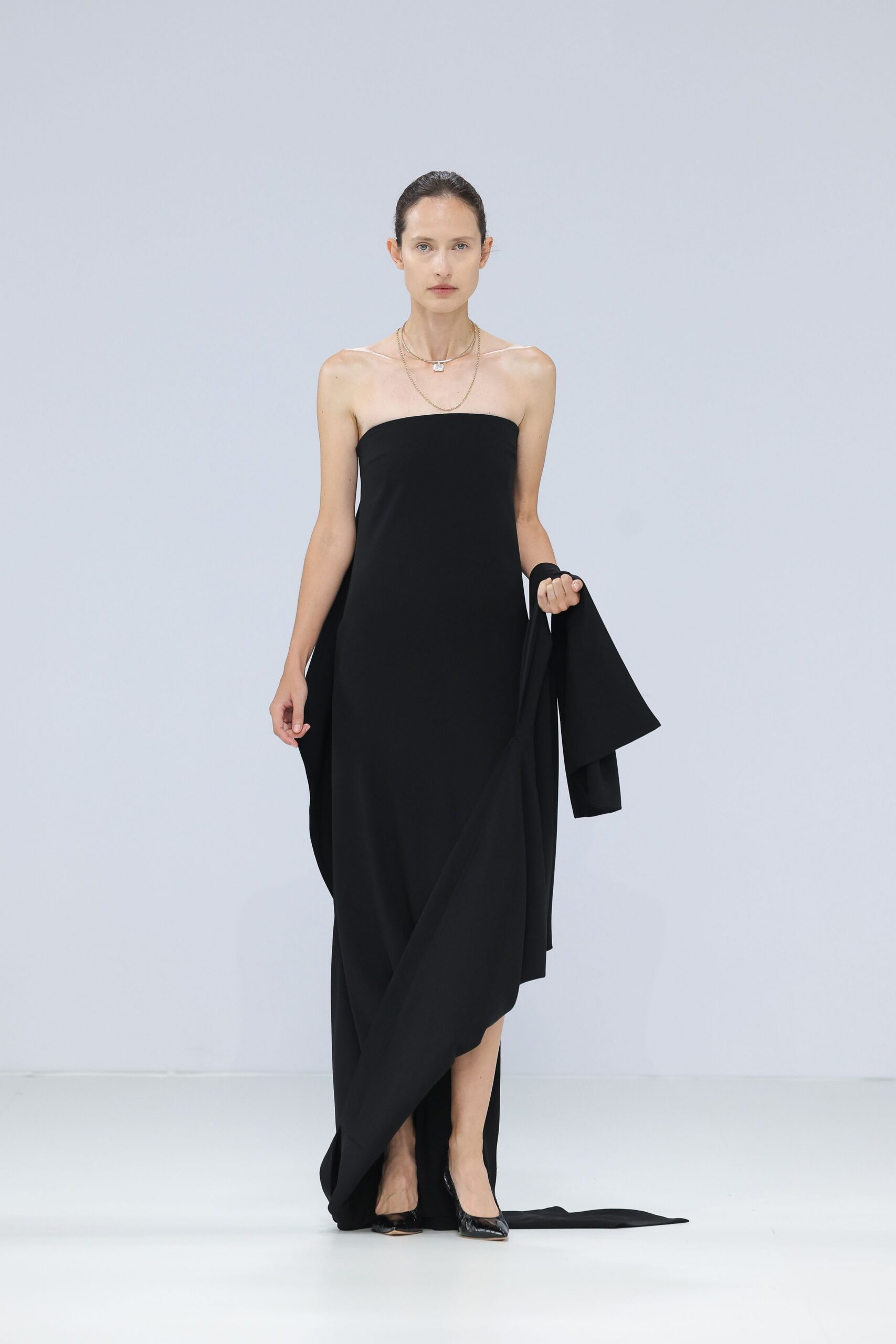 black silk strapless fitted draped maxi gown
