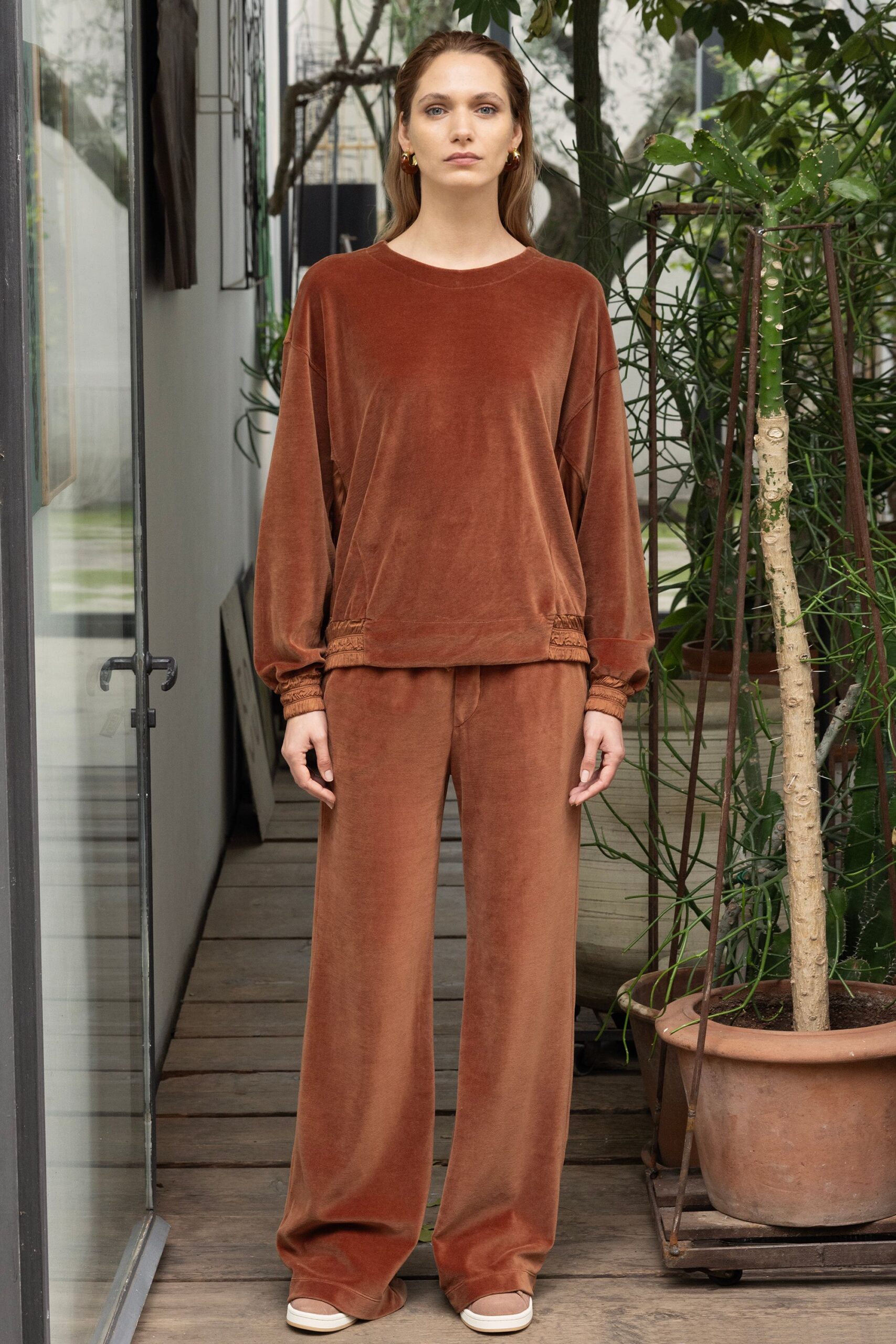 brown velvet relaxed wide-leg pants