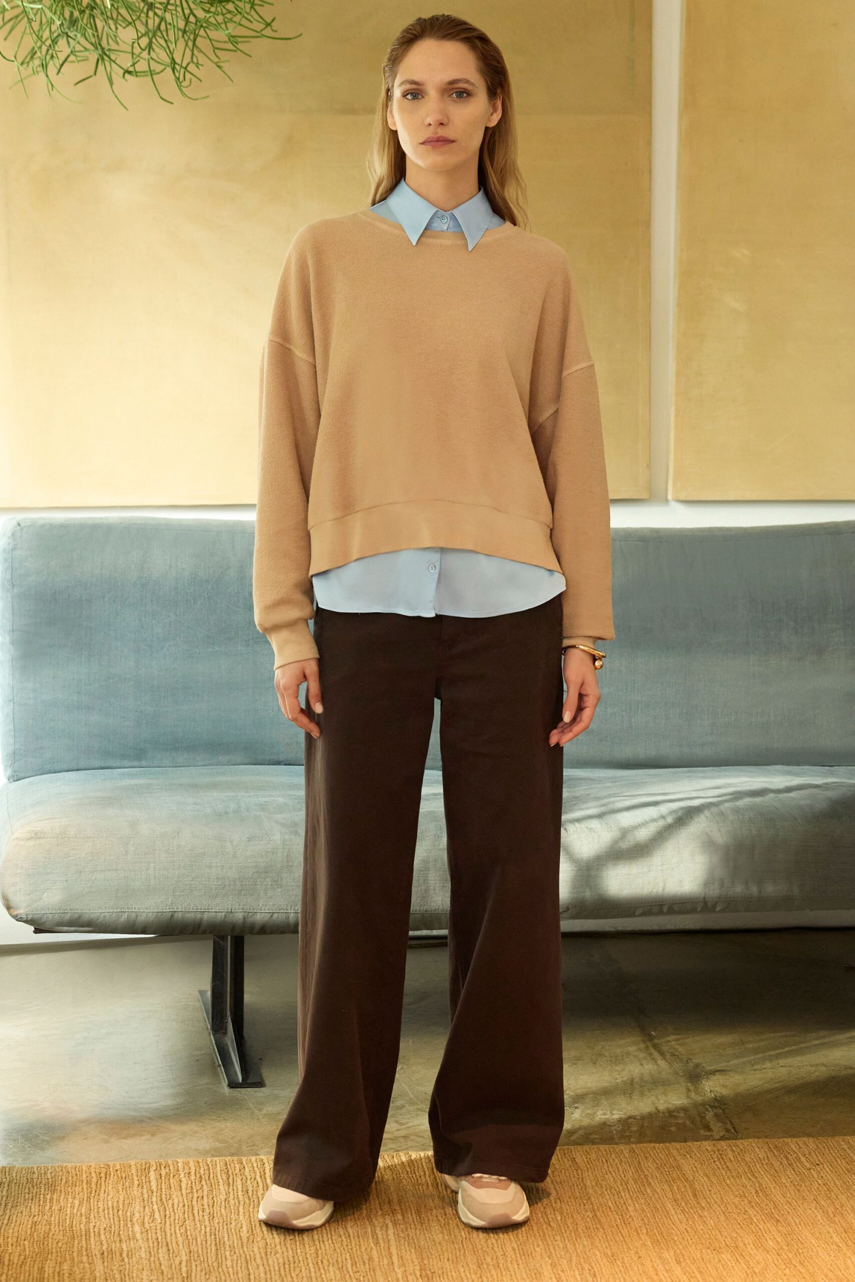 beige wool long-sleeve collared oversized sweater