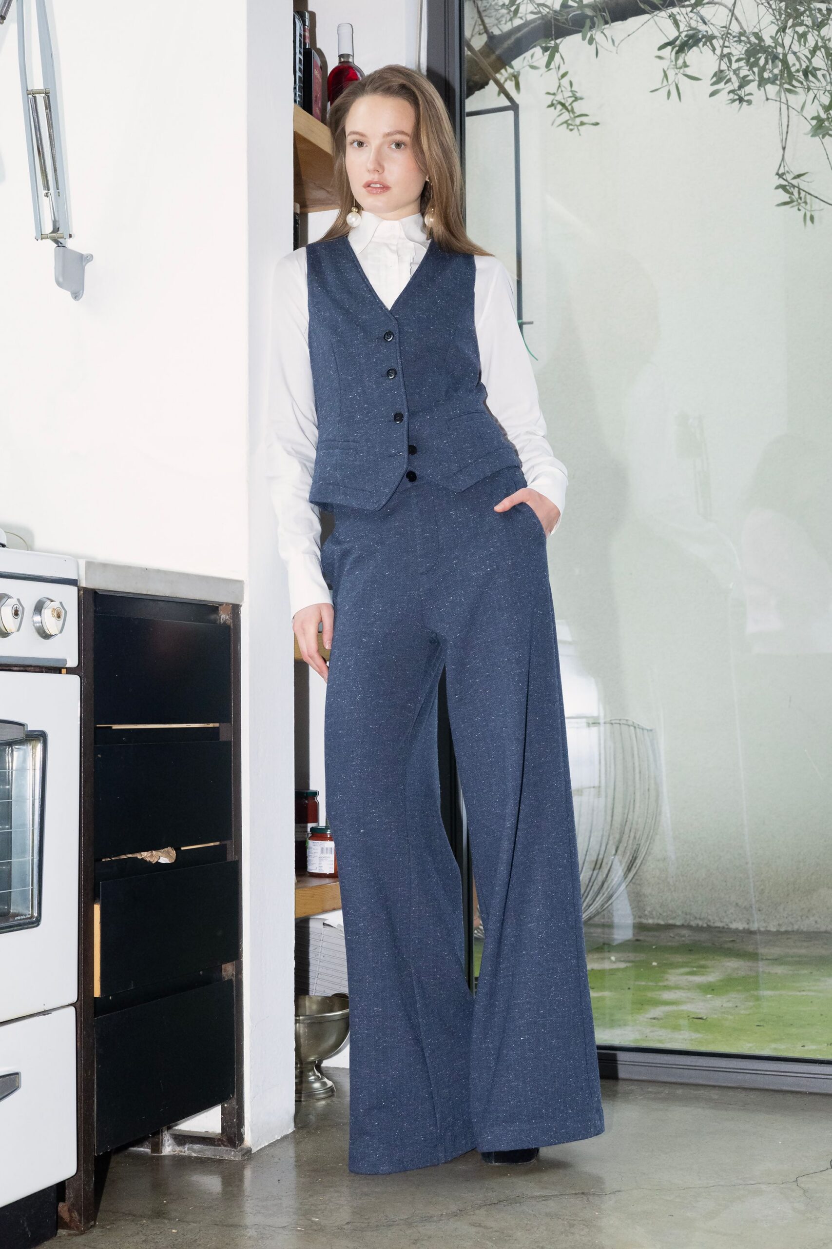 blue tweed long-sleeve collared tailored buttoned vest