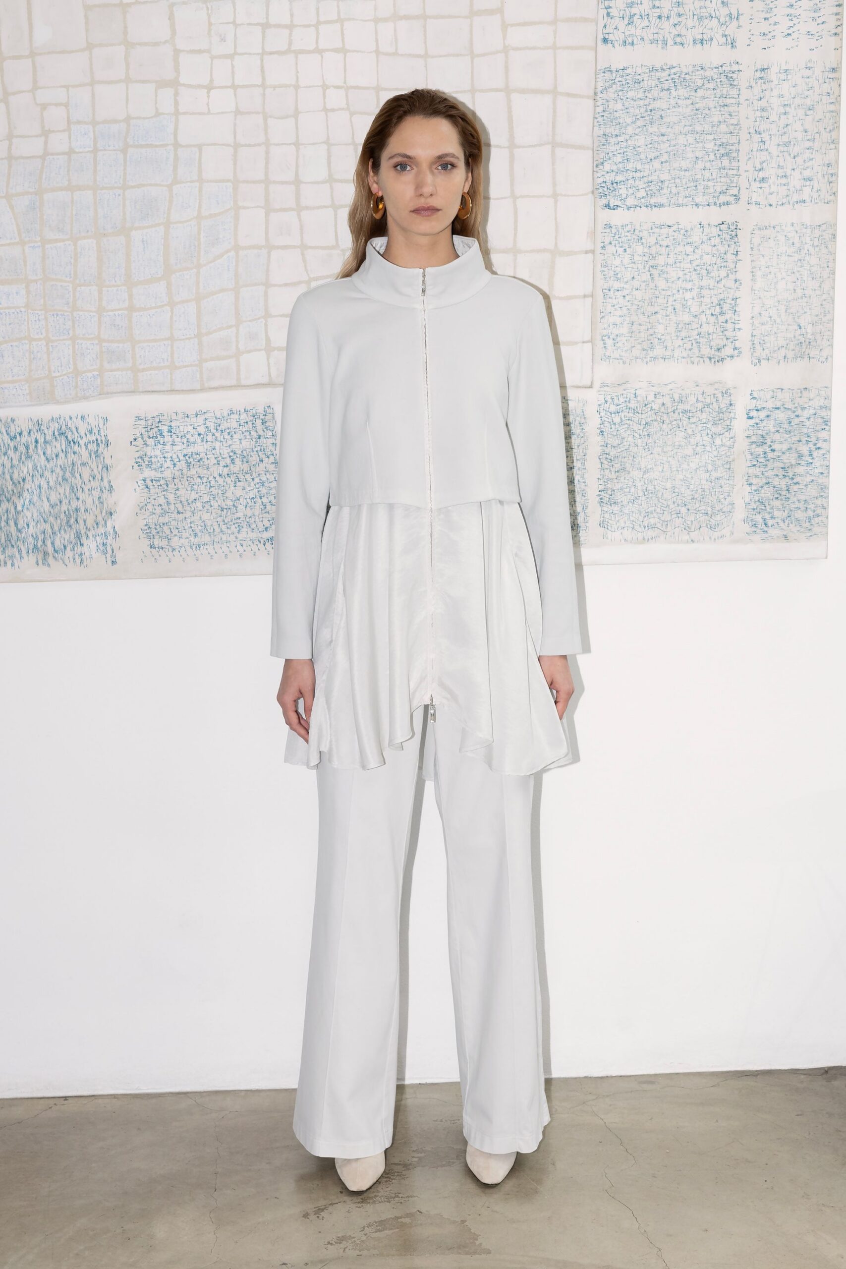 white silk fitted straight-leg pants