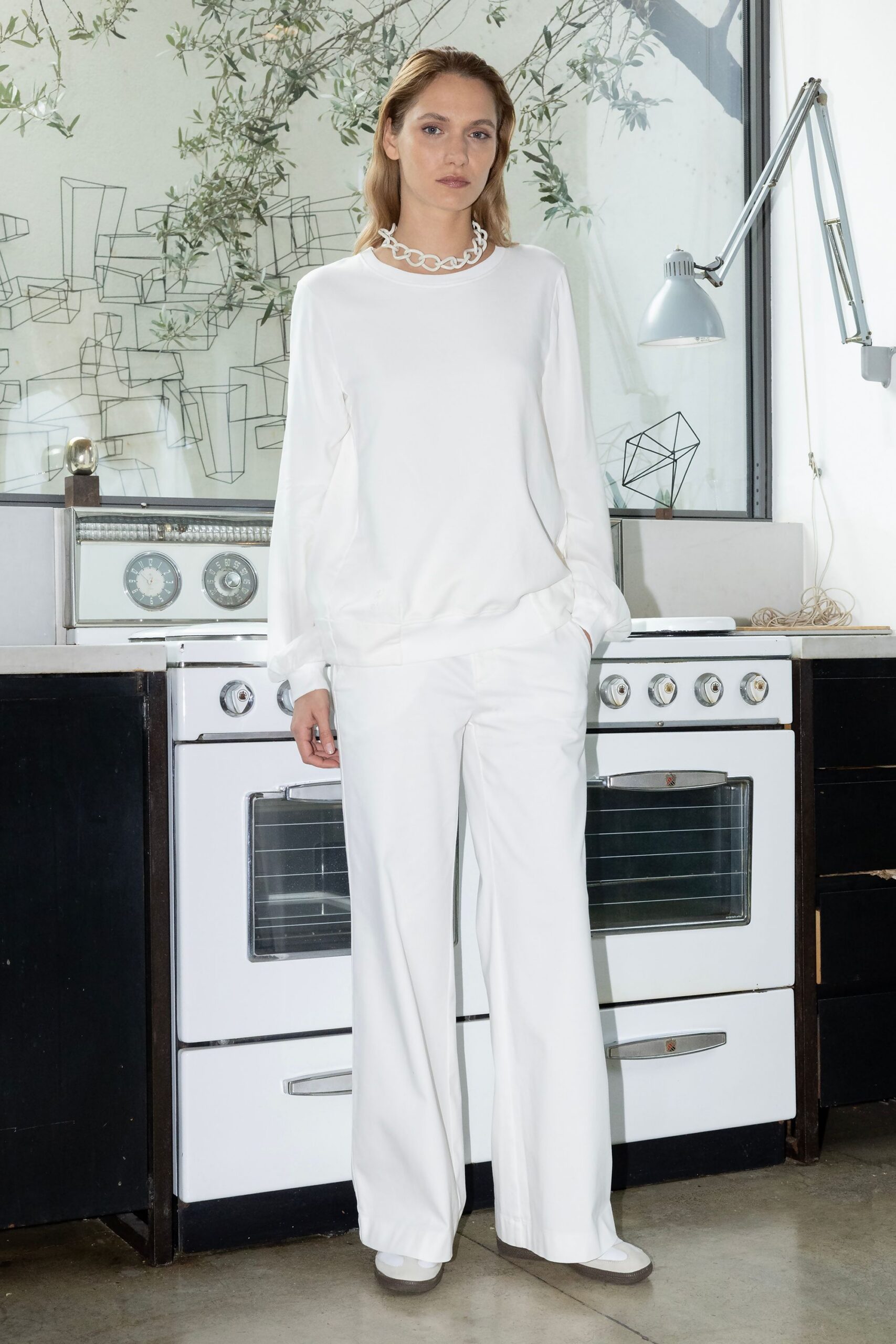 white relaxed top and pants