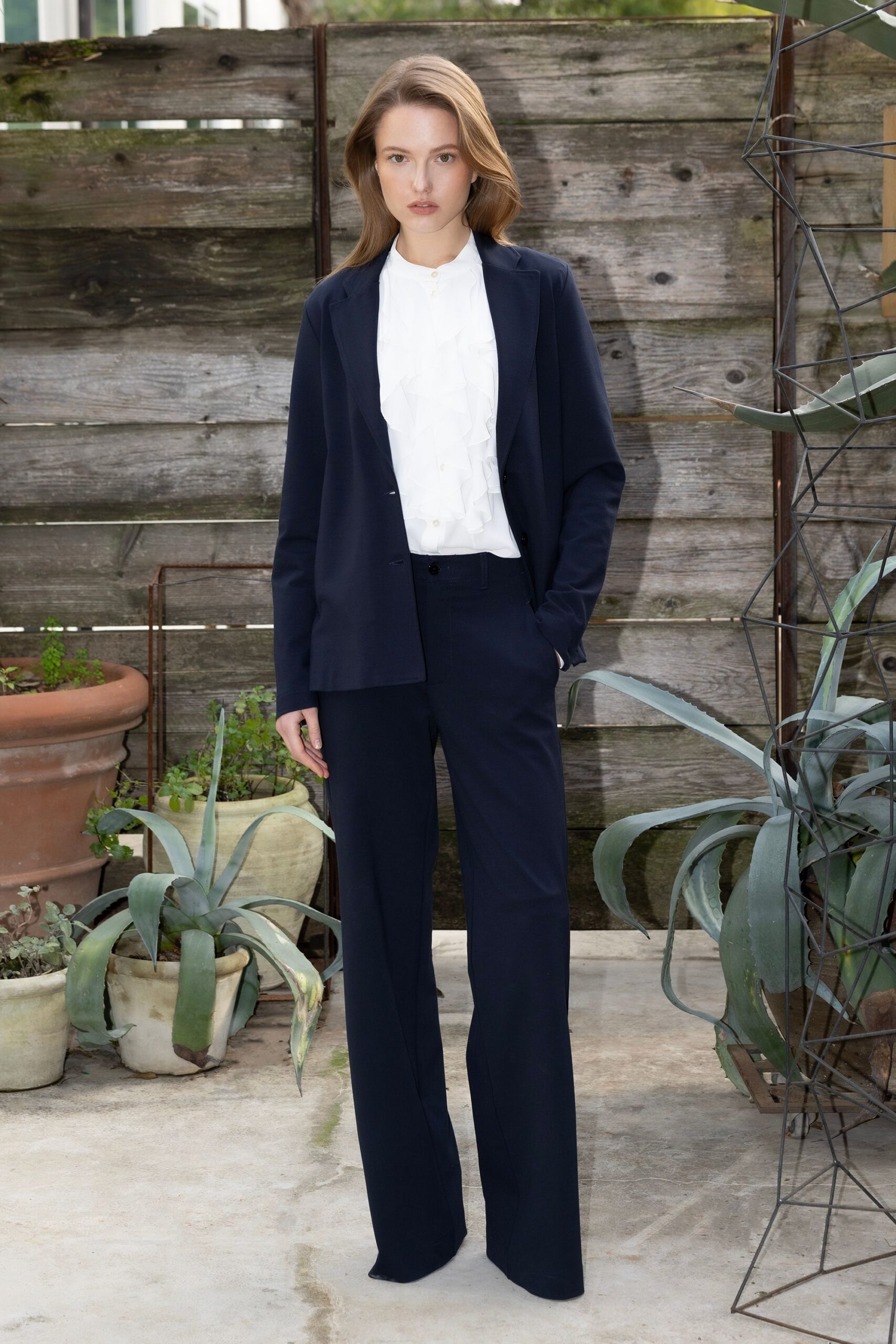 white cotton long-sleeve collared fitted ruffled shirt