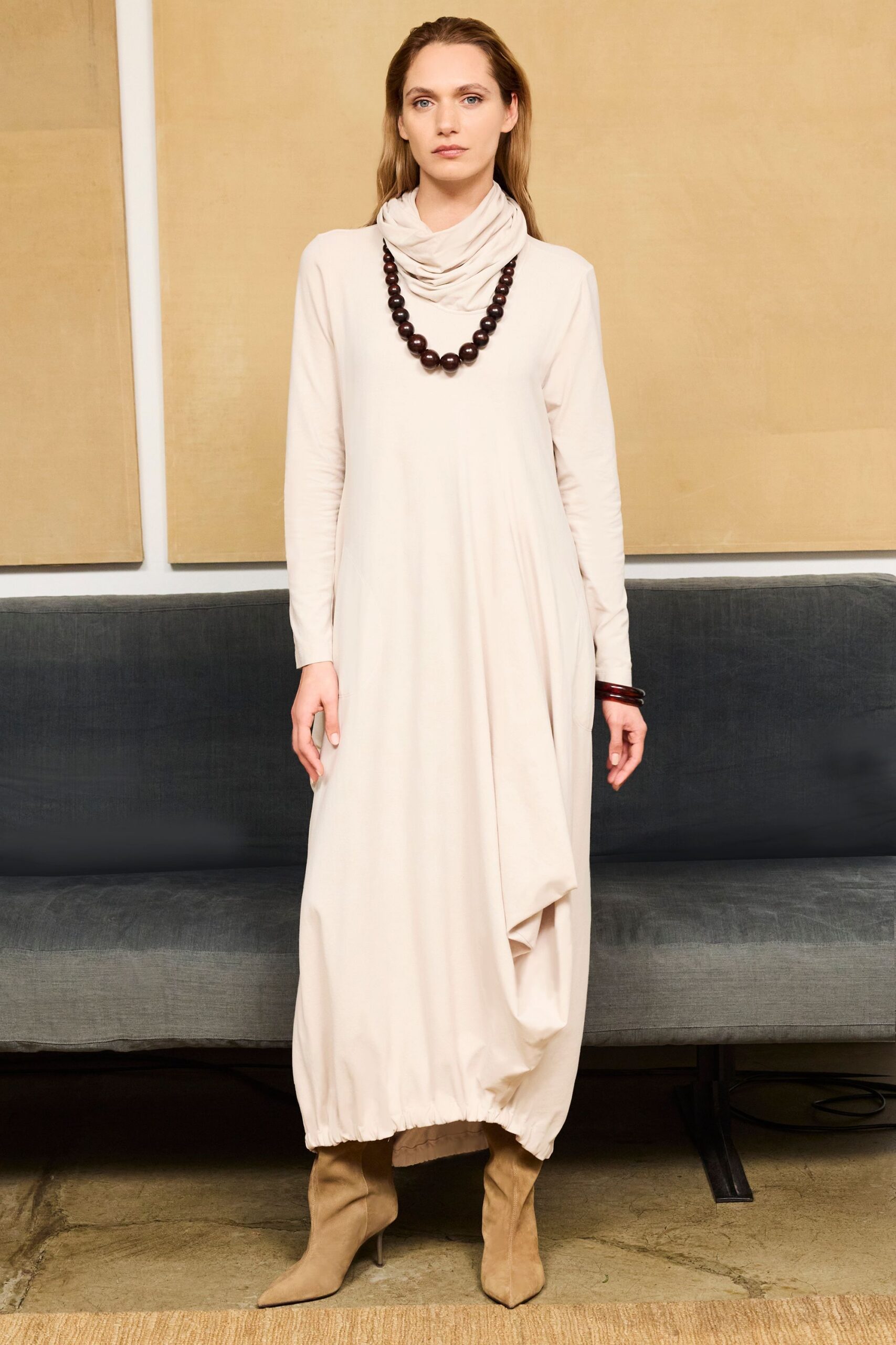 beige cotton long-sleeve v-neck relaxed draped maxi dress