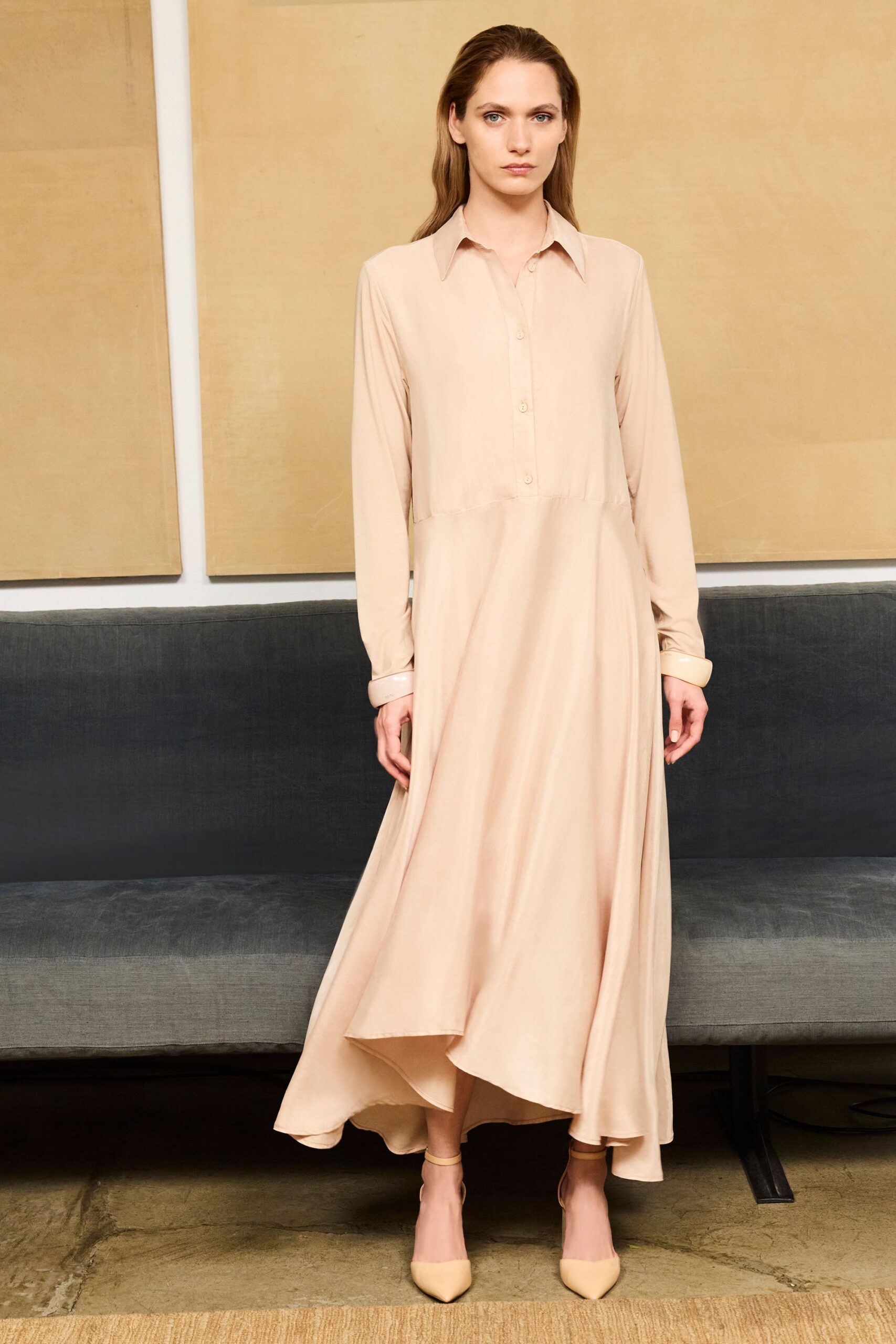 beige silk long-sleeve collared relaxed buttoned midi shirt-dress