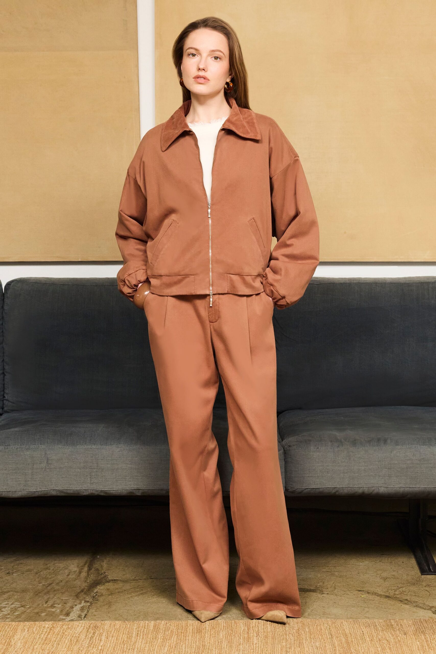 brown cotton long-sleeve collared oversized zippered jacket