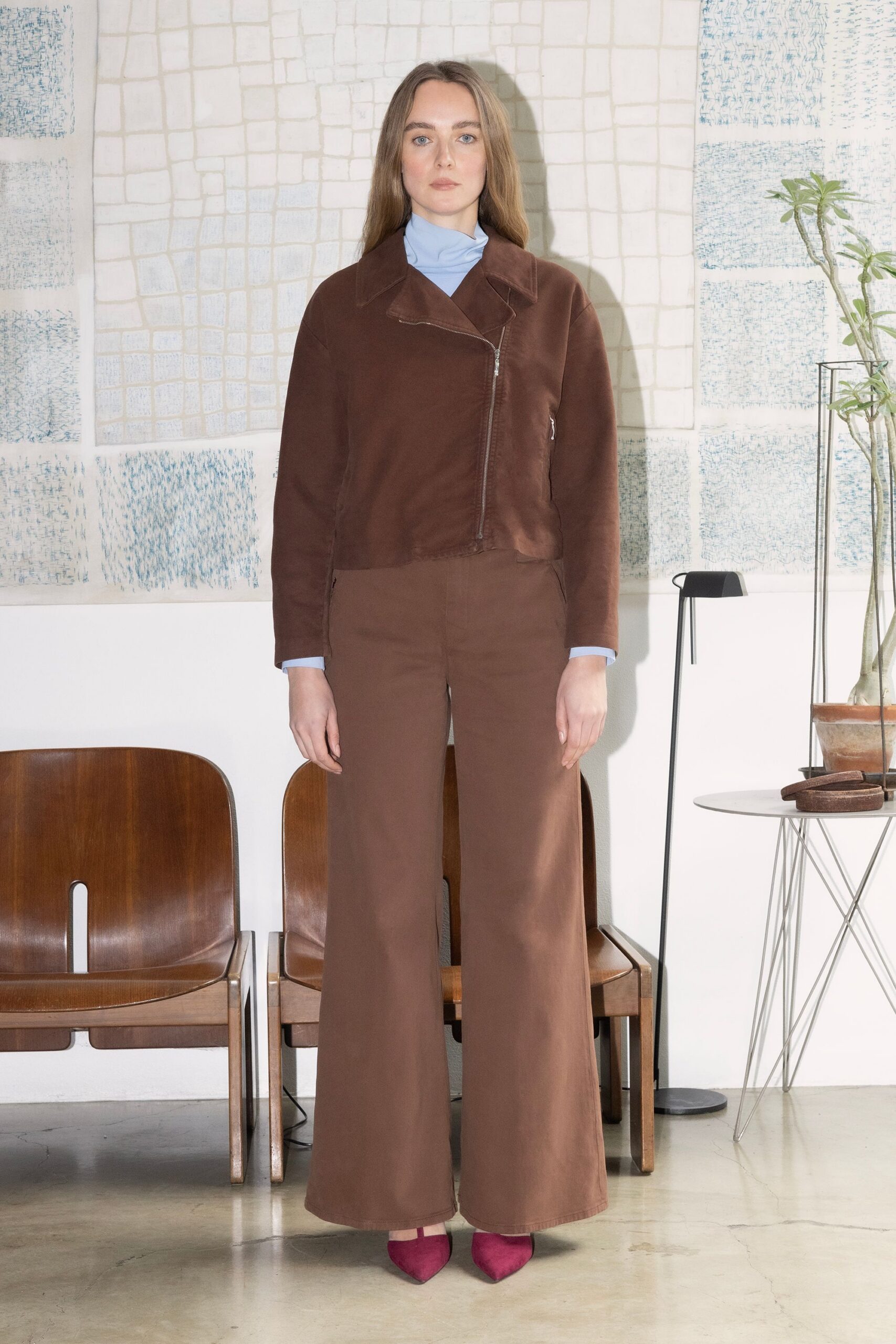 brown cotton fitted flared pants