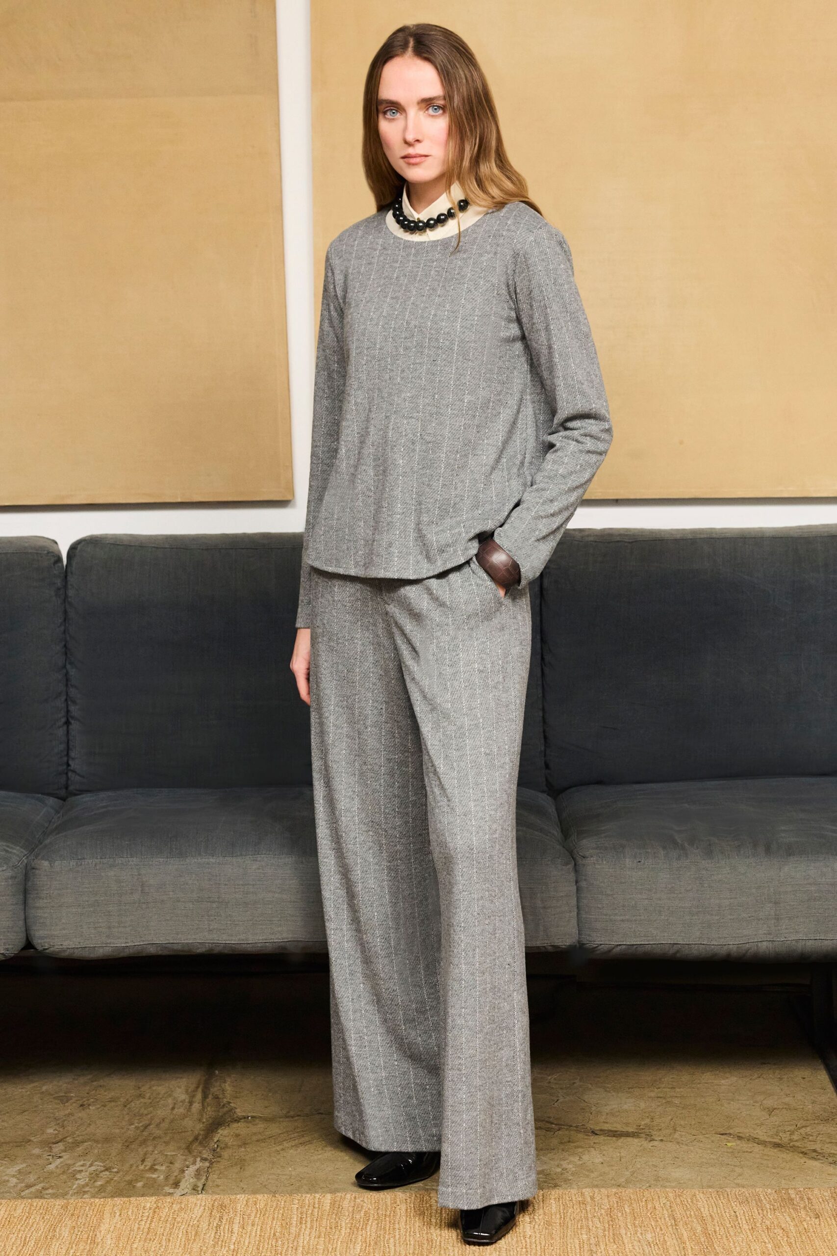 gray cotton long-sleeve collared relaxed striped top