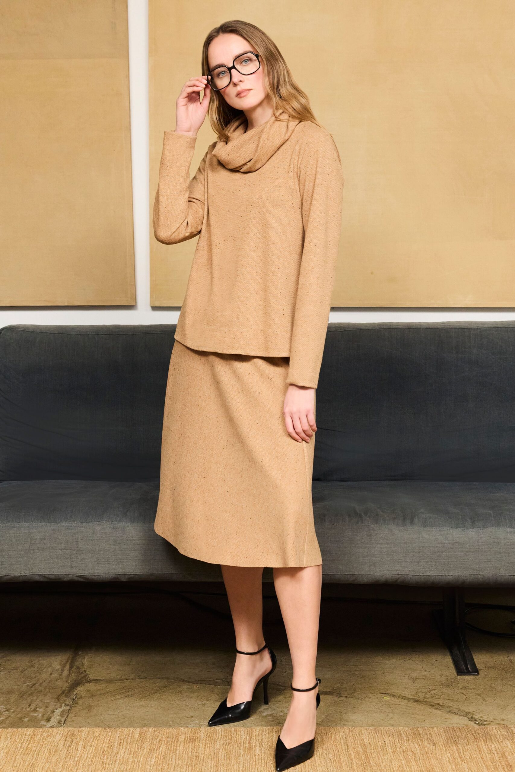beige wool fitted straight-leg midi skirt